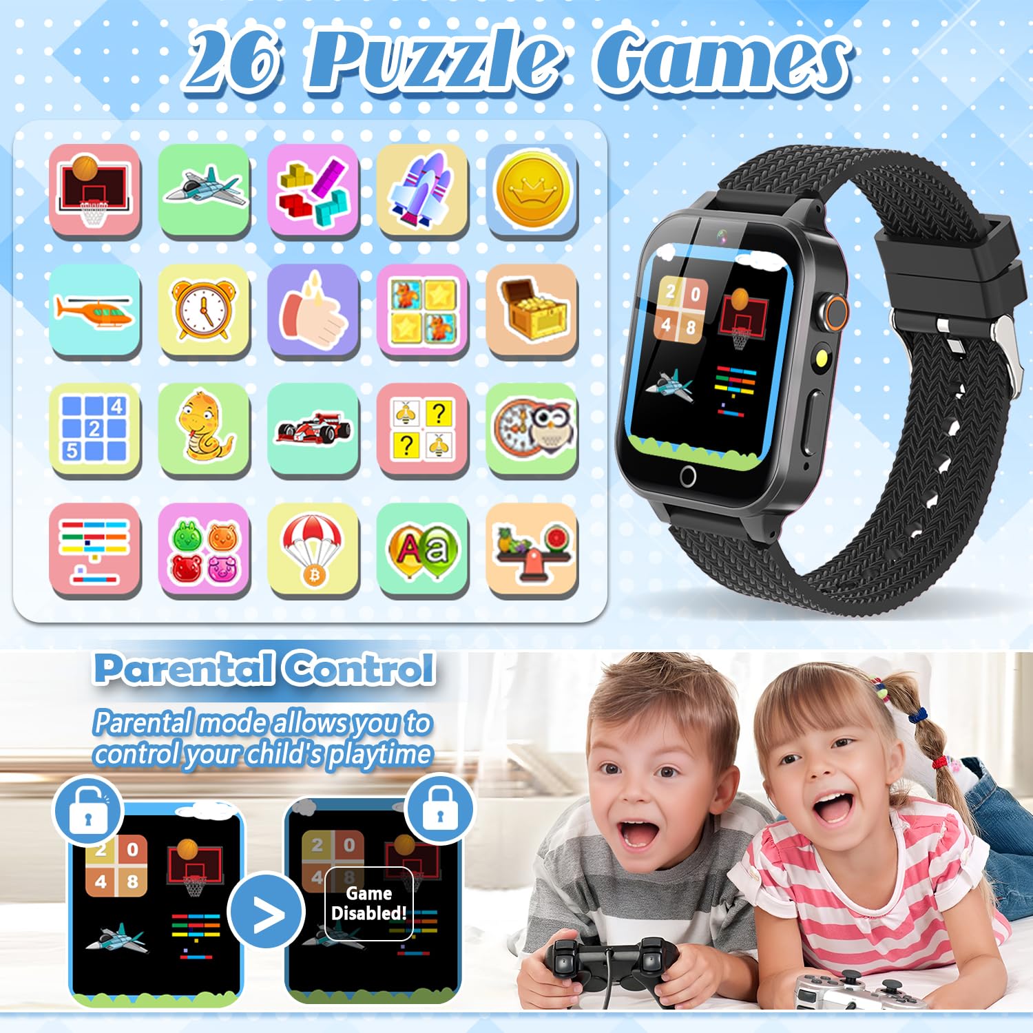 Tywop Reloj inteligente para niños y niñas de 3 a 12 años con 26 juegos de rompecabezas, cámara de video HD, pantalla táctil, reproductor de música, tarjetas de aprendizaje, libro de cuentos,