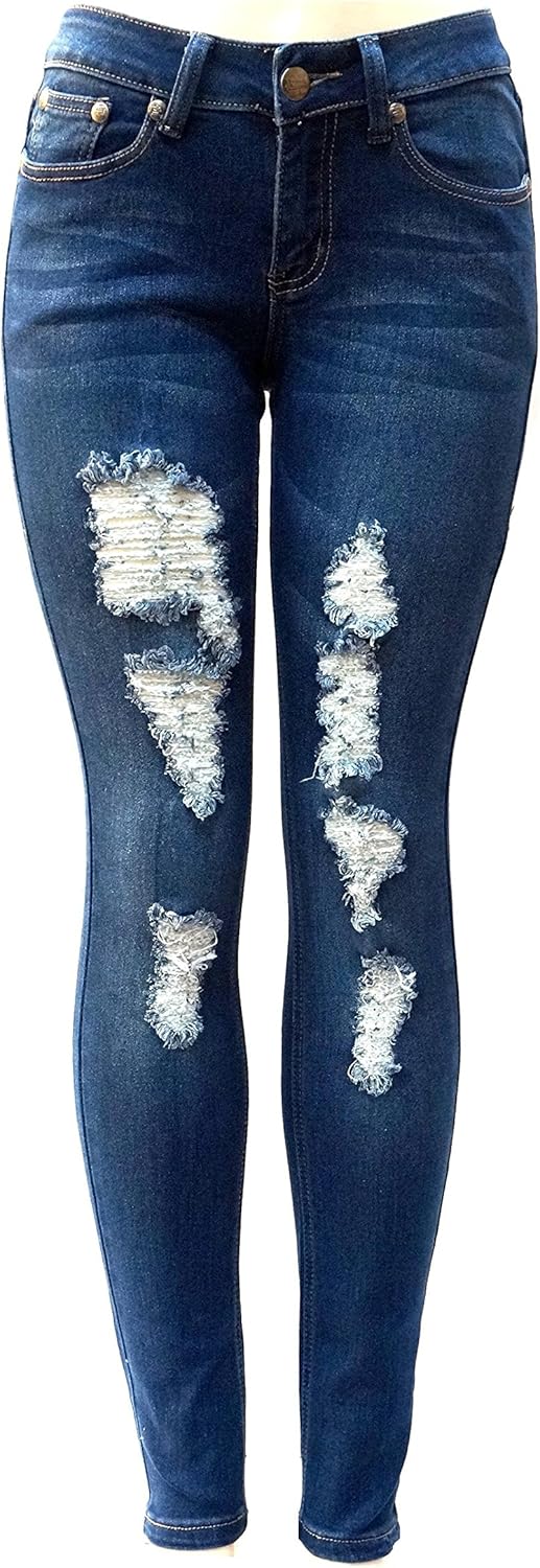 Jack David Womens Distressed Denim Jeans Ripped Blue Skinny Destroy Stretch Jean Pants (1, Jack David JD-R65B- Blue) - Image 5