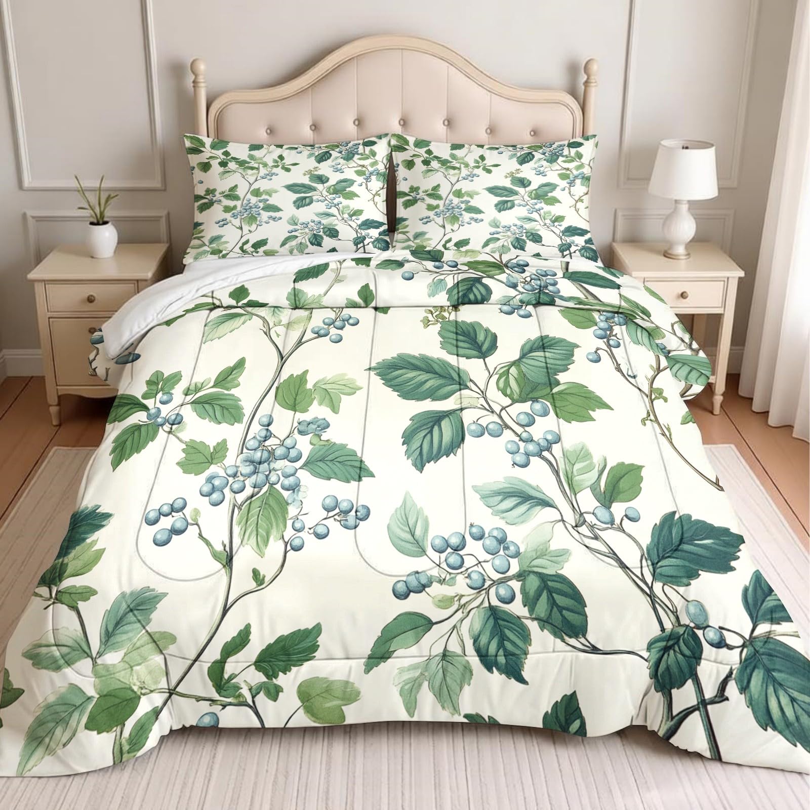 Edredón Cama 90 135 x 200 cm Hojas y Bayas pequeñas 4 Estaciones, Relleno Nórdico Microfibra Verde 2 Fundas, Lavable