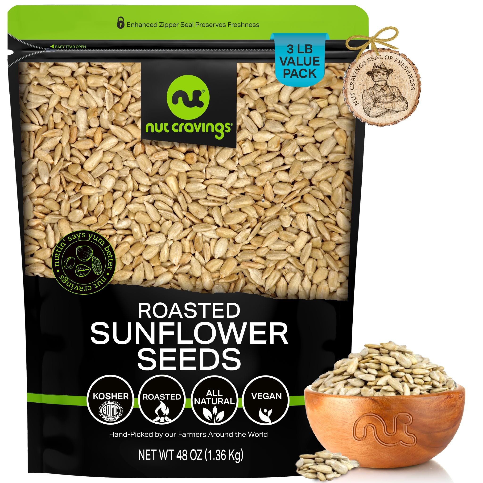 NUT CRAVINGS - Roasted Unsalted Sunflower Seeds Kernels to eat, No Shell Hulled (48oz - 3 LB) Bulk Nuts Packed Fresh in Resealable Bag - Healthy
