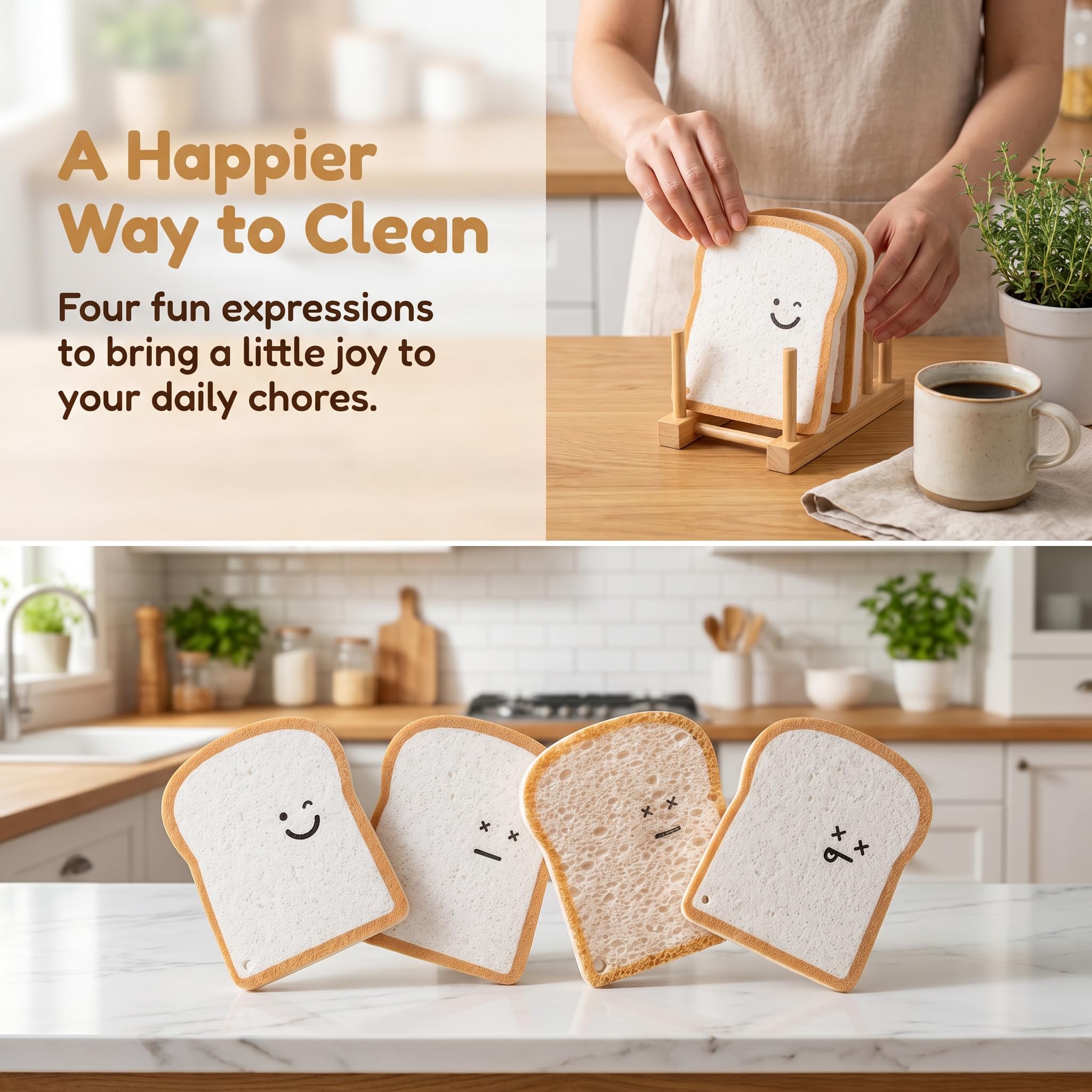 Esponjas de pan, esponjas emergentes compostables, en forma de tostada, almohadillas de limpieza de celulosa vegetal, esponjas para lavar platos sin arañazos, reutilizables, absorbentes y divertidas