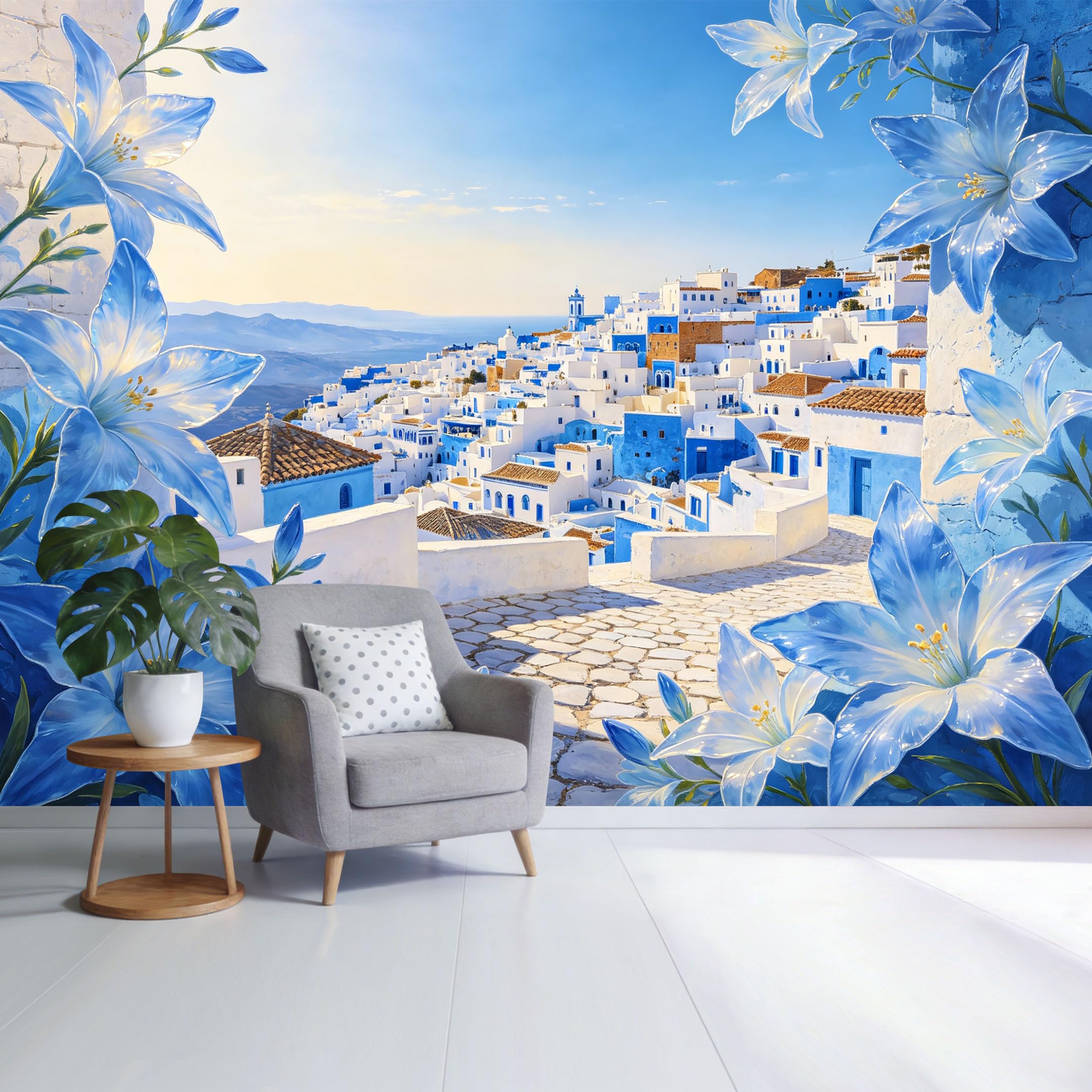 Custom Size Wall Mural Coastal Mediterranean Blue White Village Floral Watercolor Landscape SelfAdhesive Wall Fabric Removable Wallpaper for Home Office Decor