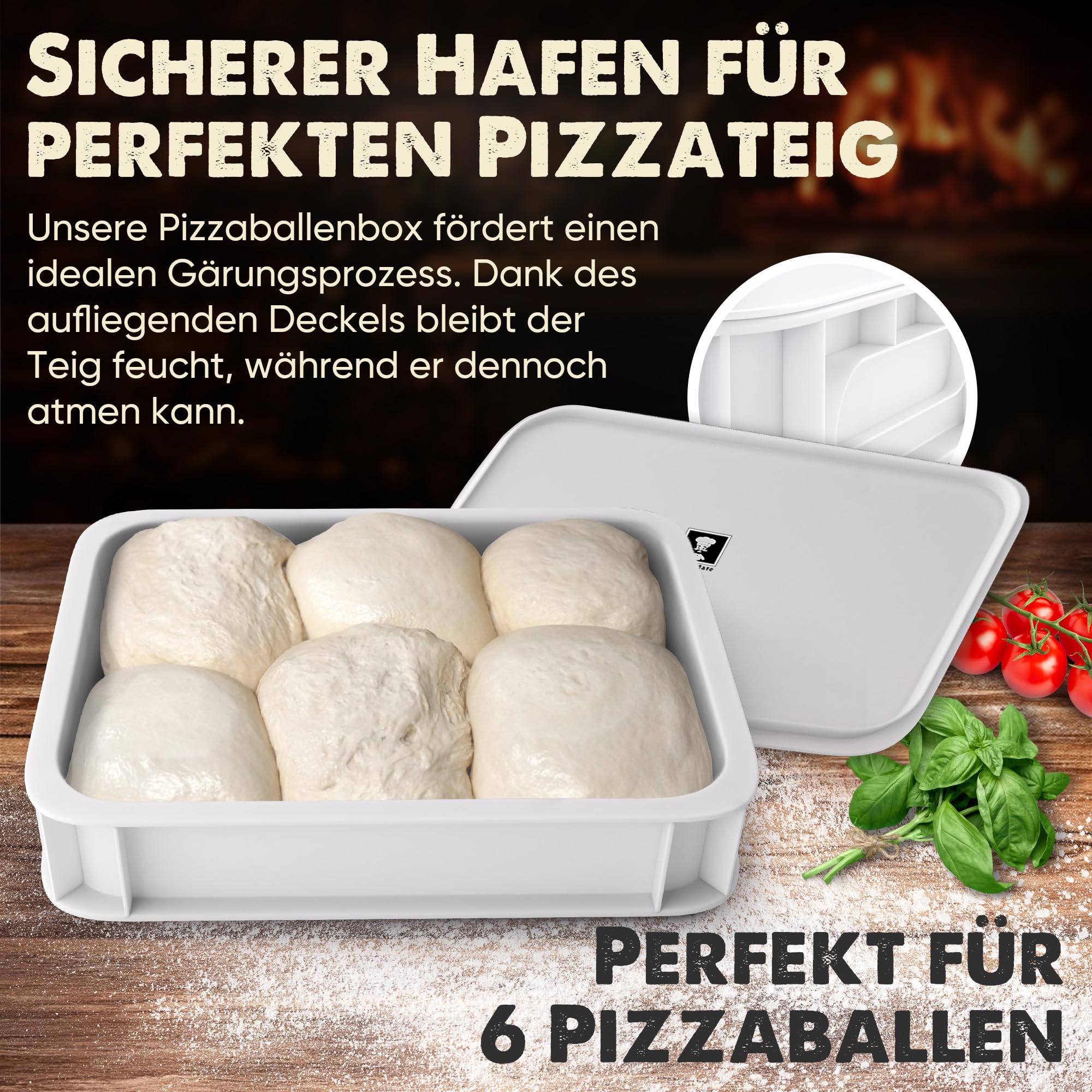 KATIMI Witte pizzaballenbox met deksel en roestvrijstalen deegkaart, 31 × 23 × 8,7 cm pizzabox met datumregistratie, vochtbestendige pizzadeegbox met deksel, fermentatiebox om vers te blijven
