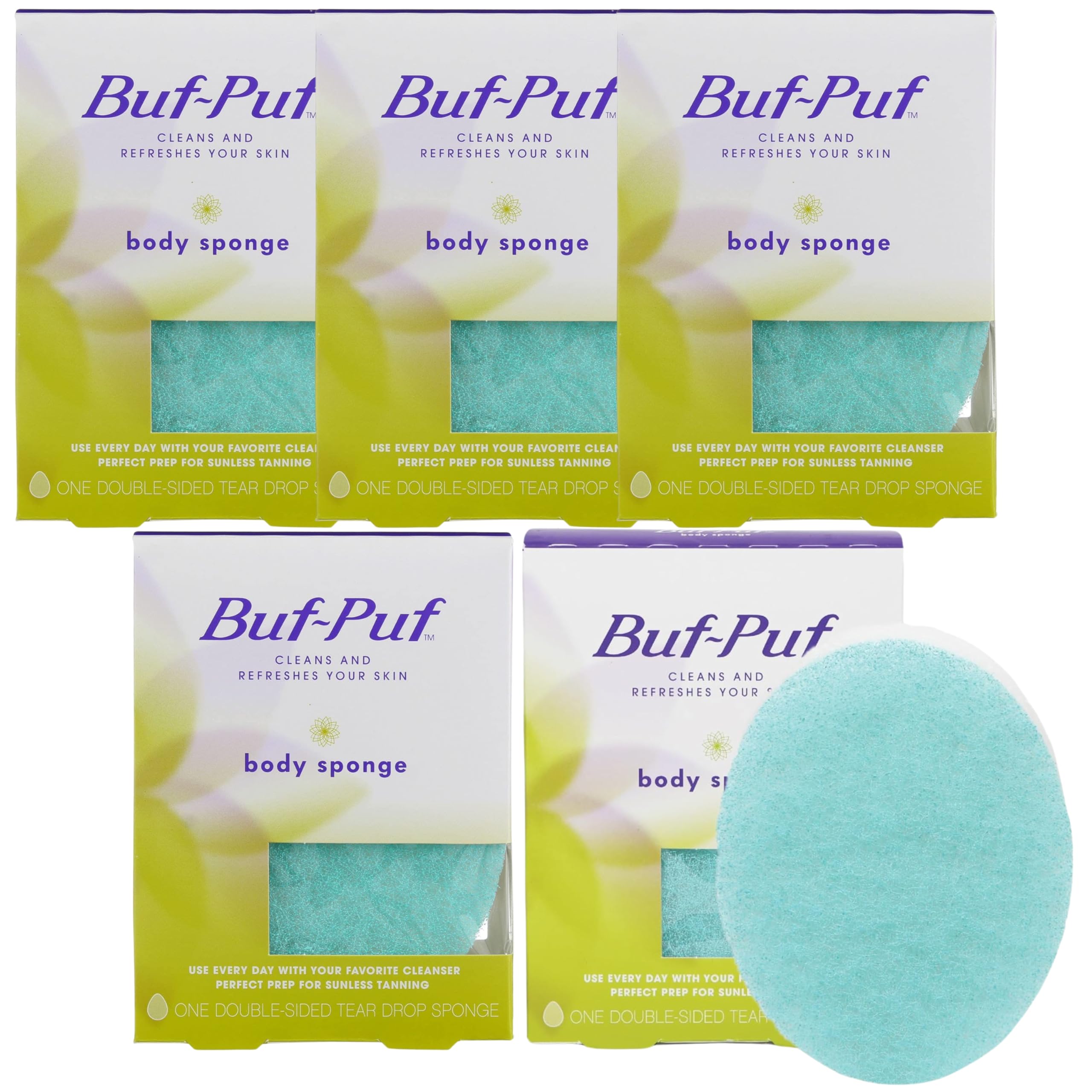 Buf-Puf Body Sponge, Bath Sponge, Dermatologist Developed, Cleanses Skin of Dirt, and Excess Oil, Reusable, Exfoliating, 5 Count