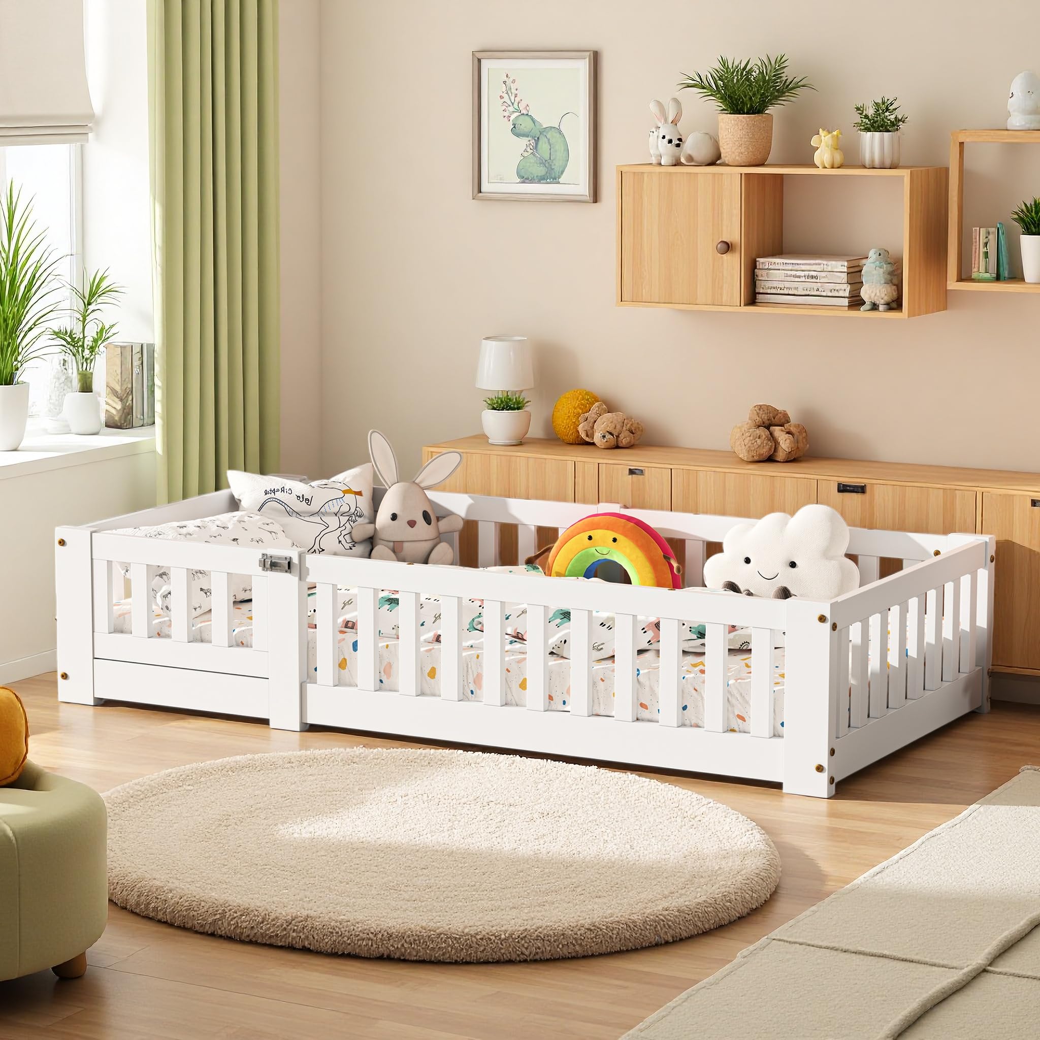 Toddler Floor Montessori Bed, 90x190 cm Guardrail Lockable Door, Wood White