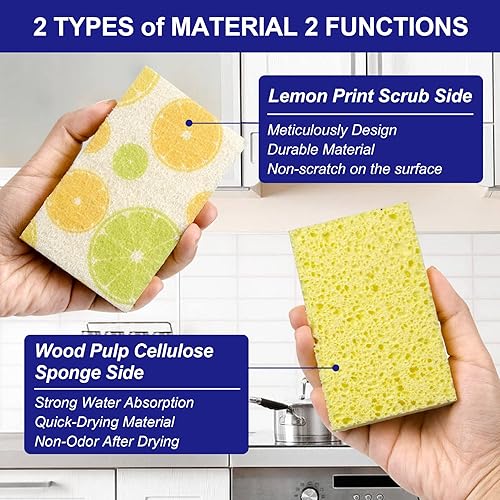 Miniatura 2 de CELOX Esponjas de doble cara impresas con limón, esponja antiarañazos para limpieza de cocina, 4.5 x 2.8 x 0.8 pulgadas (6)
