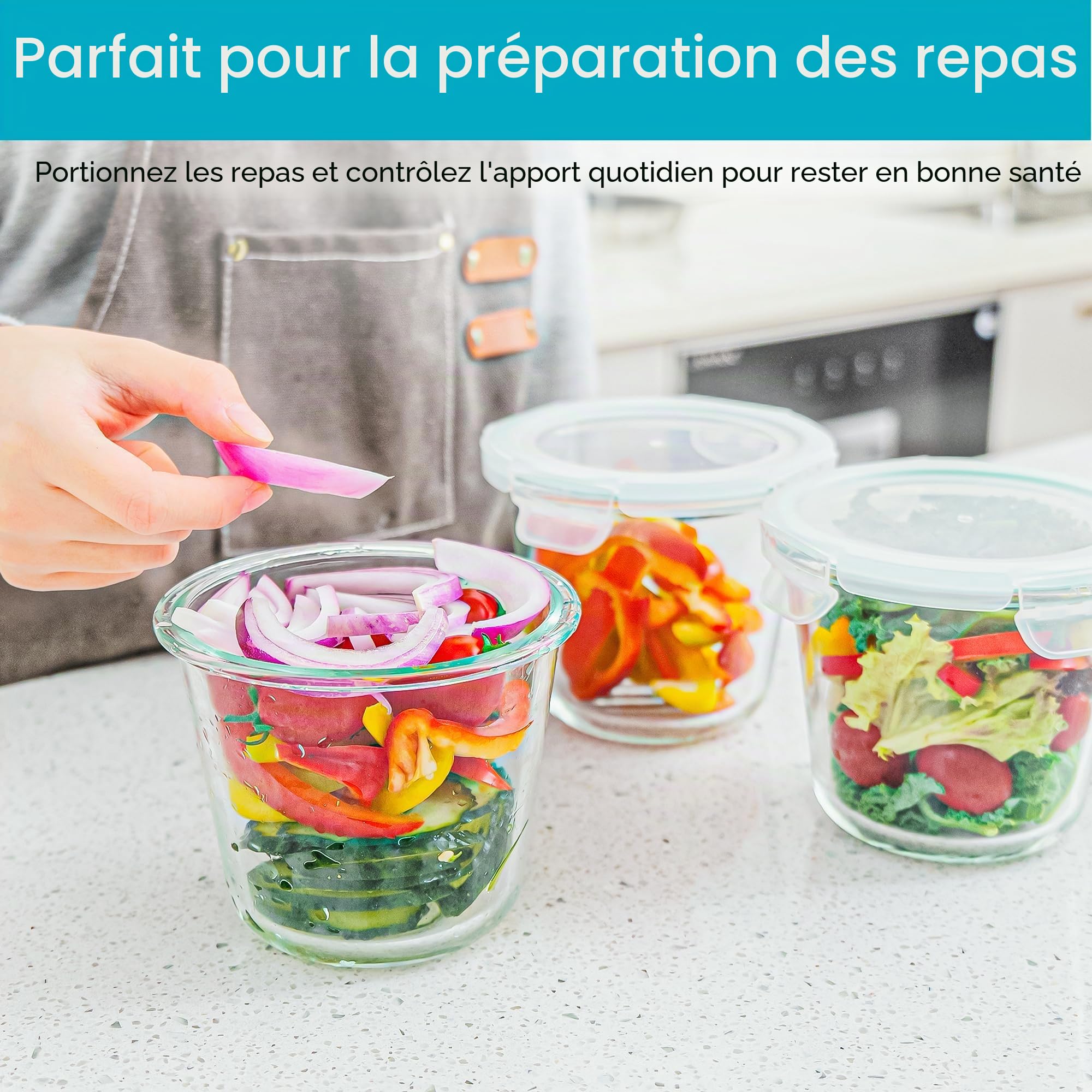 Vtopmart Lot de 6 récipients à soupe en verre de 3 tasses, récipients de congélation avec couvercles hermétiques, bocaux de conservation en verre pour salade, fruits, déjeuner, restes, sans BPA