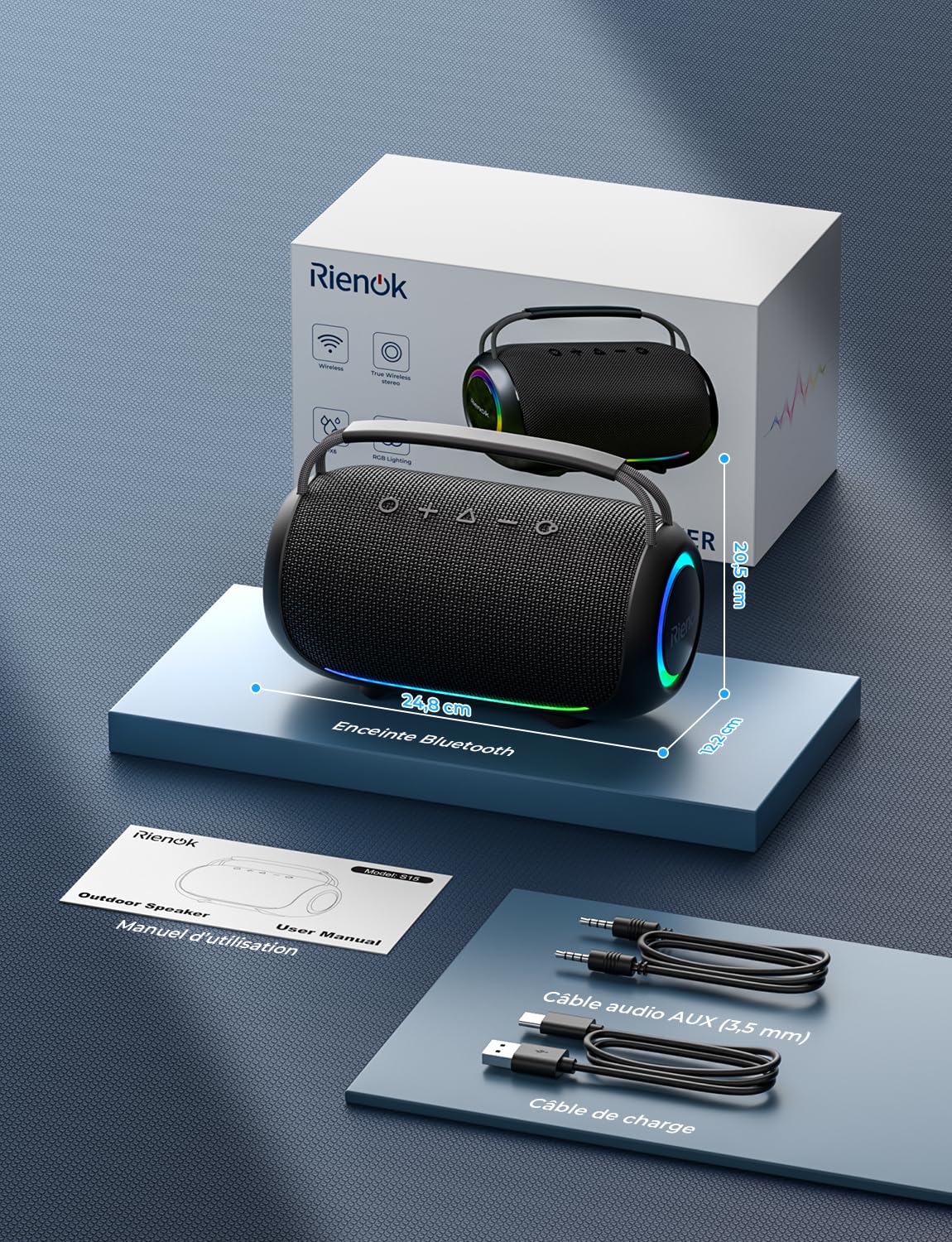 RIENOK Enceinte Bluetooth, 80W Enceinte Puissante, Tweeter et Woofer, 6000 mAh, 30H, IPX6, 128Go, Haut Parleur Bluetooth 5.3, Port Clé USB, AUX et TF Carte, pour Fêtes Soirées Voyage Extérieur, Noir