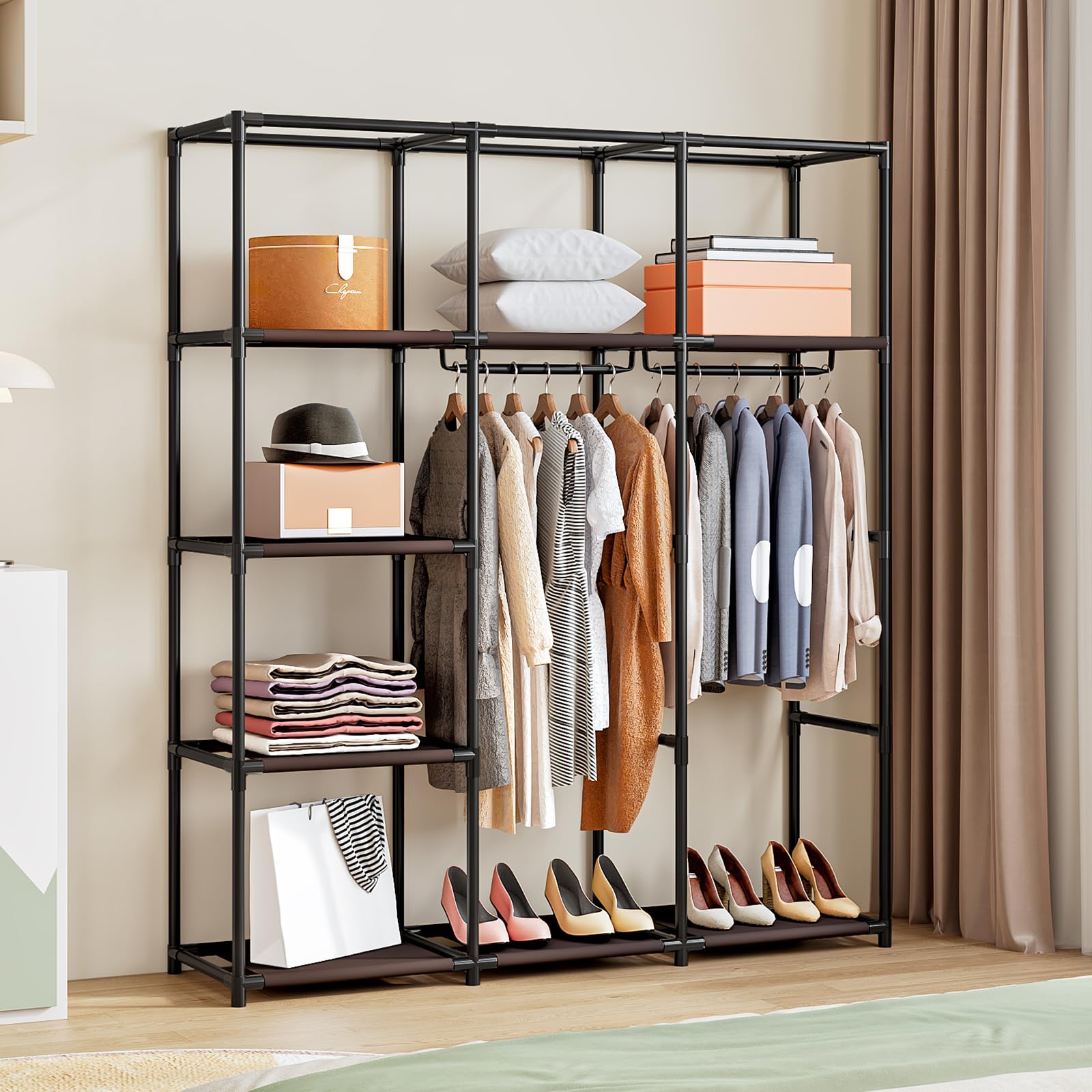 SORCEDAS Tragbarer Kleiderschrank Schrank Aufbewahrung Organizer Metall Hängeregal Vliesstoff (Kaffee, 130 cm)