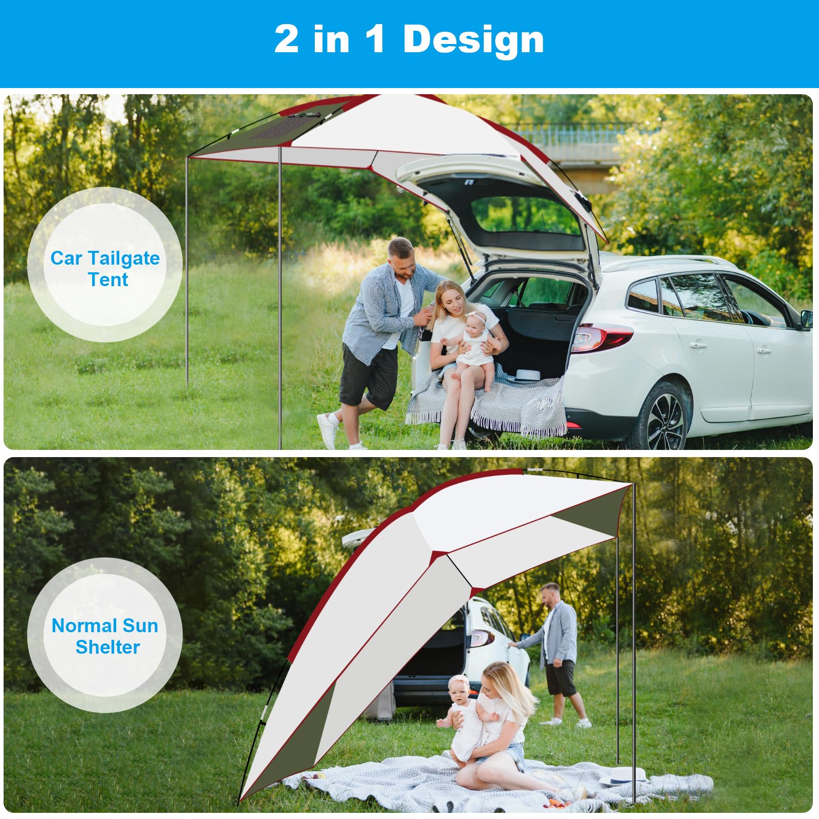 Tente de Voiture Arrière Extérieure - Auvent Caravane/Fourgon Imperméable & Anti-UV Polyester, Léger Portable pour Camping, Pêche, Famille (2.4x1.9m) avec Fenêtre Aérée et Montage Rapide