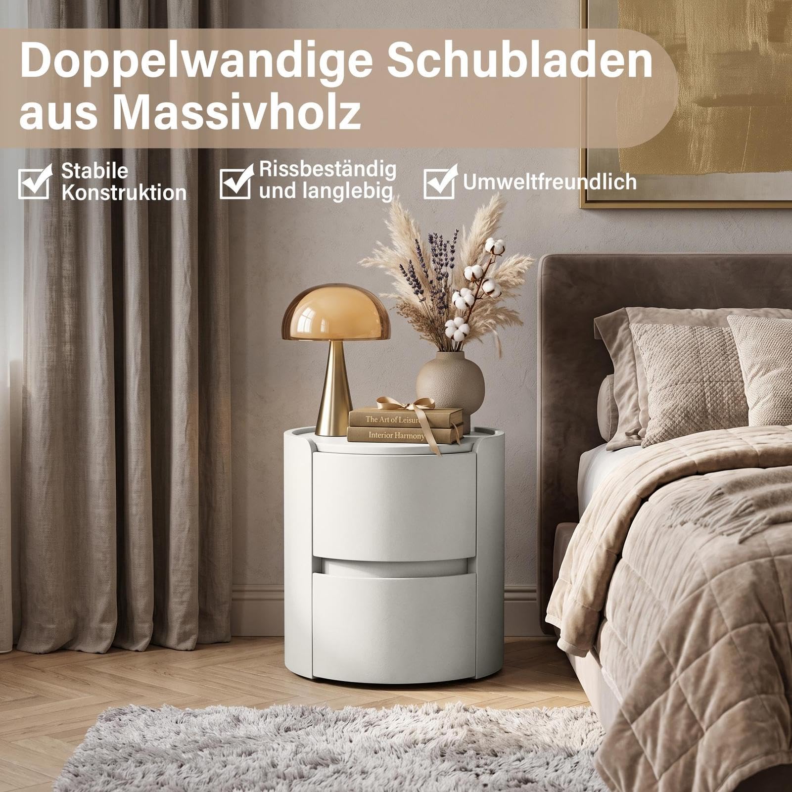 Runder Nachttisch mit 2 Schubladen Moderner Holz Beistelltisch Massivholz