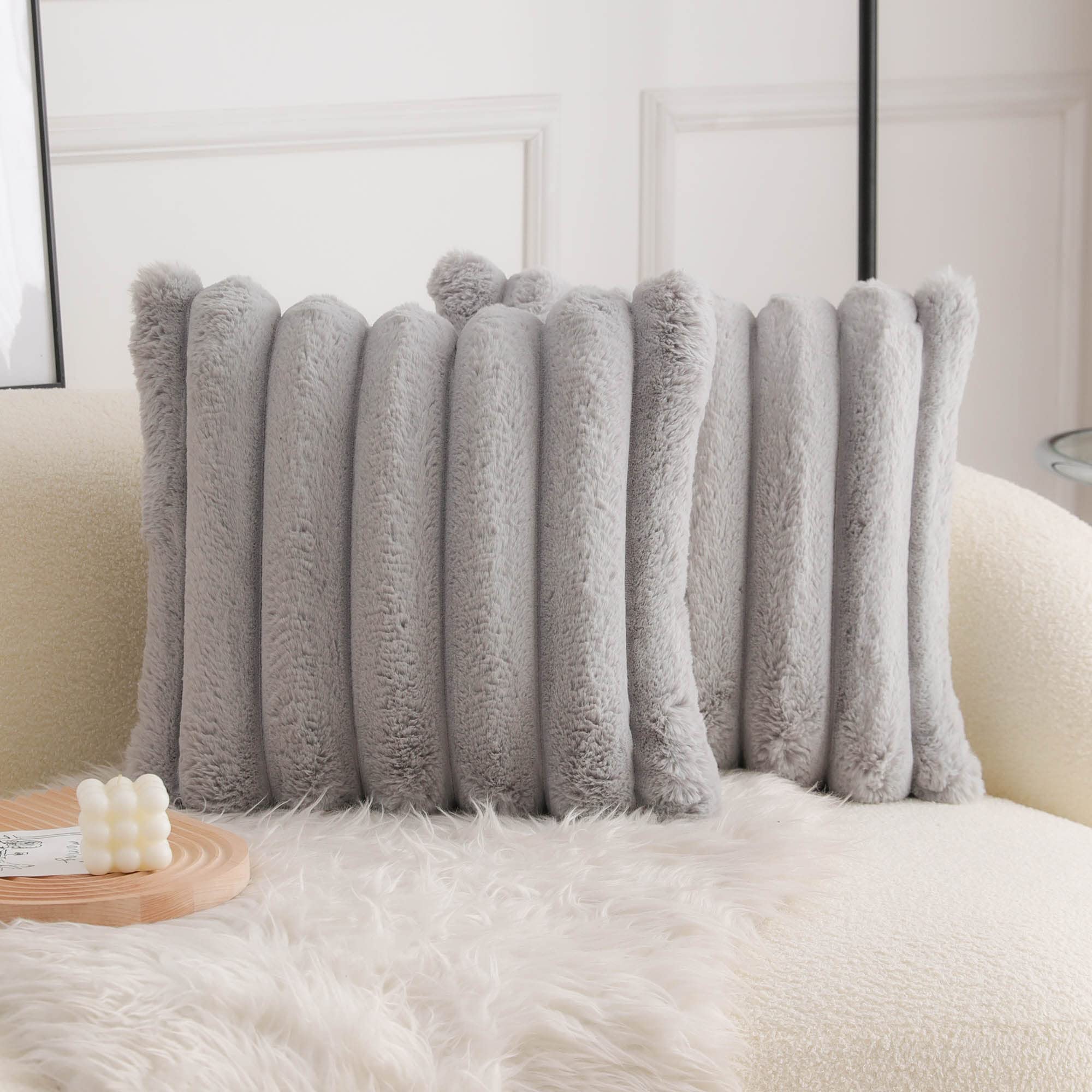 Neelvin Grey Faux Fur Cozy Soft Striped Decorative Throw Pillow Covers 24x24 inch Set of 2,Velvet Pillowcase Cushion Case for Sofa Couch