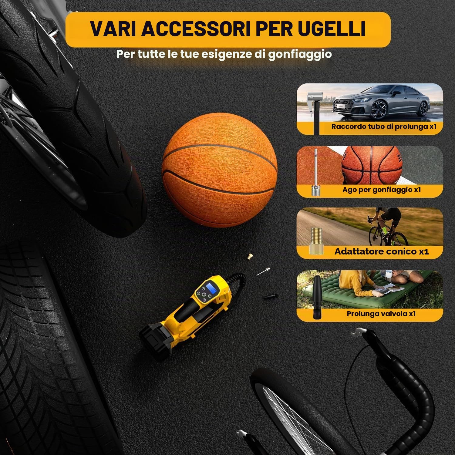 Compressore a batteria per DeWalt 18V (senza batteria), Pompa ad aria portatile a LED con manometro digitale, Compressore elettrico per auto, moto, biciclette, palloni sportivi
