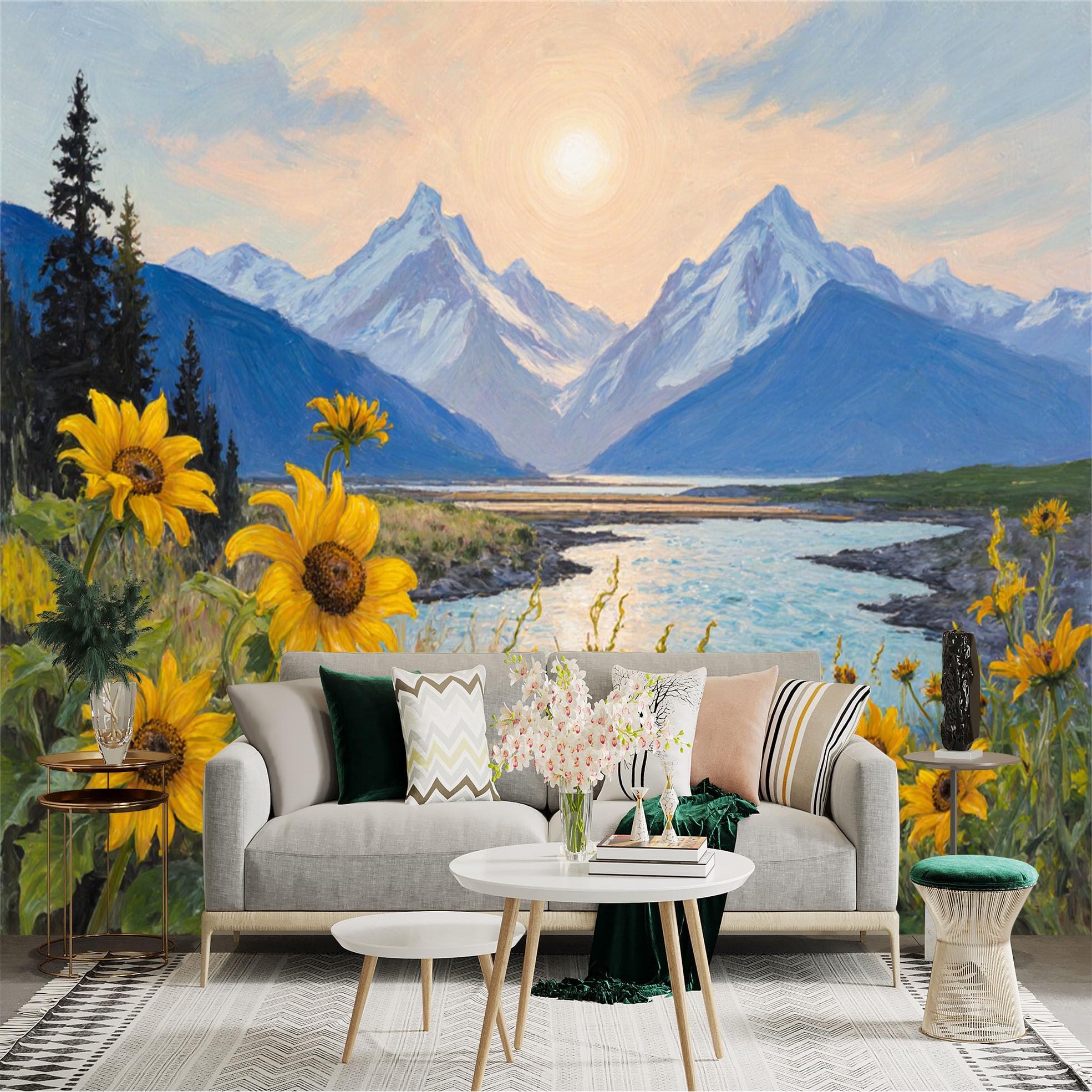 Lnzczhyre Xc260505589 Custom Size Wall Sticker Mural， Golden Sunflowers By The Lakeside， Majestic Snow Capped Mountain Peaks， Peaceful Nature Landscape Scenery， For Wall Decoration， Peelandstick Wall Decals.