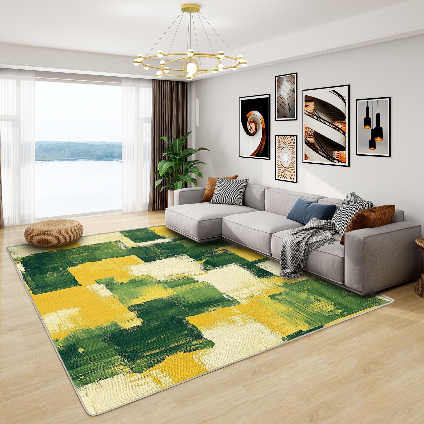 Multicolour Rug Living Room - Color Block Rug, Green Yellow Minimalist Rugs for Living Room Bedroom, Washable Non Slip Soft Square Carpet, Patterned Area Rugs & Home Decor 120x120 cm