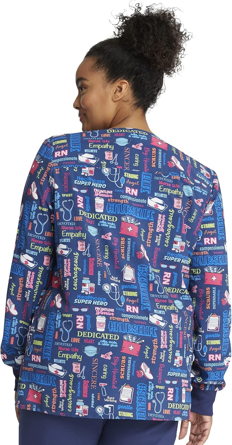 Cherokee Scrub Jackets For Woman Printed Snap Front Modern Classic Fit, 2 Pockets, Rib-Knit Cuffs - CK321