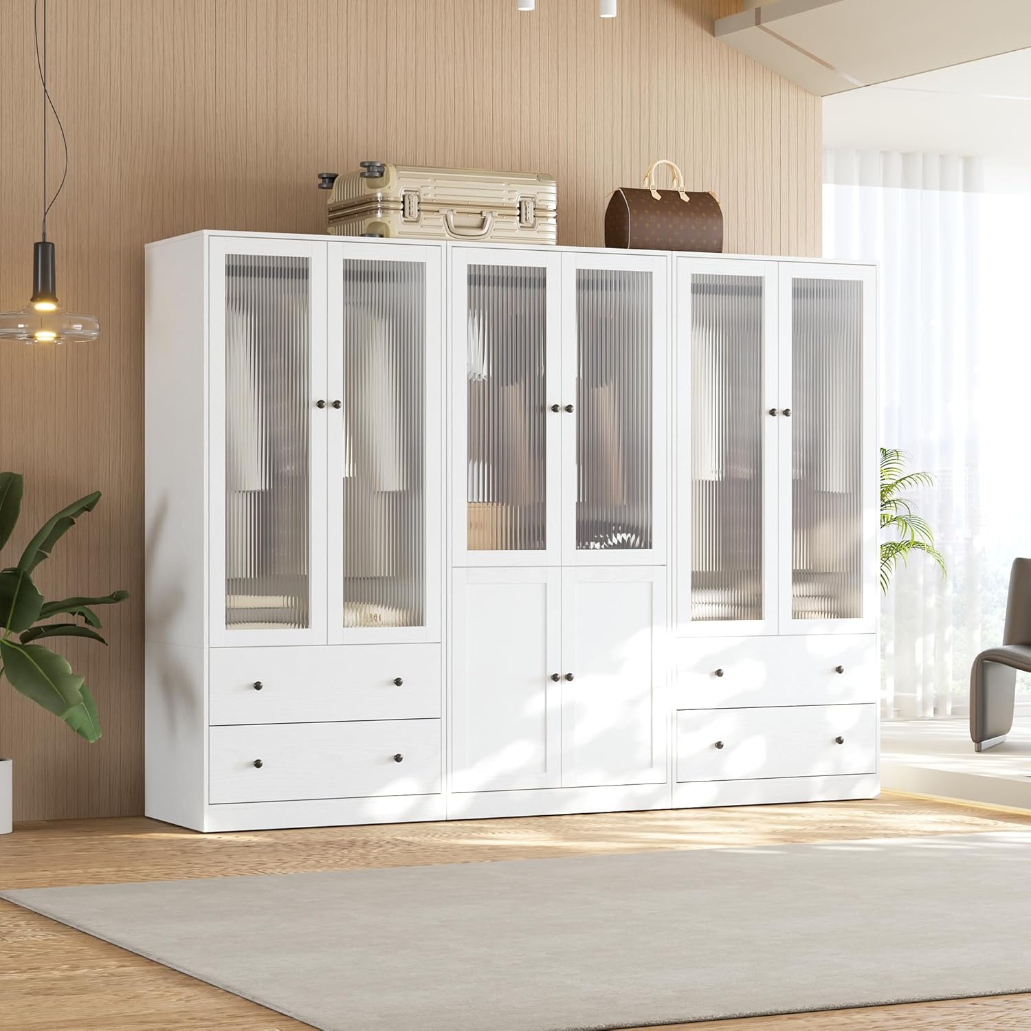 VOWNER 20“D Armoire Wardrobe Closet with Fluted Glass, 71" H Clothing Storage Cabinet with Hanging Rod, 4 Soft-Close Doors Wooden Wardrobe Cabinet for Bedroom, Large Capacity Storage White (AAC)