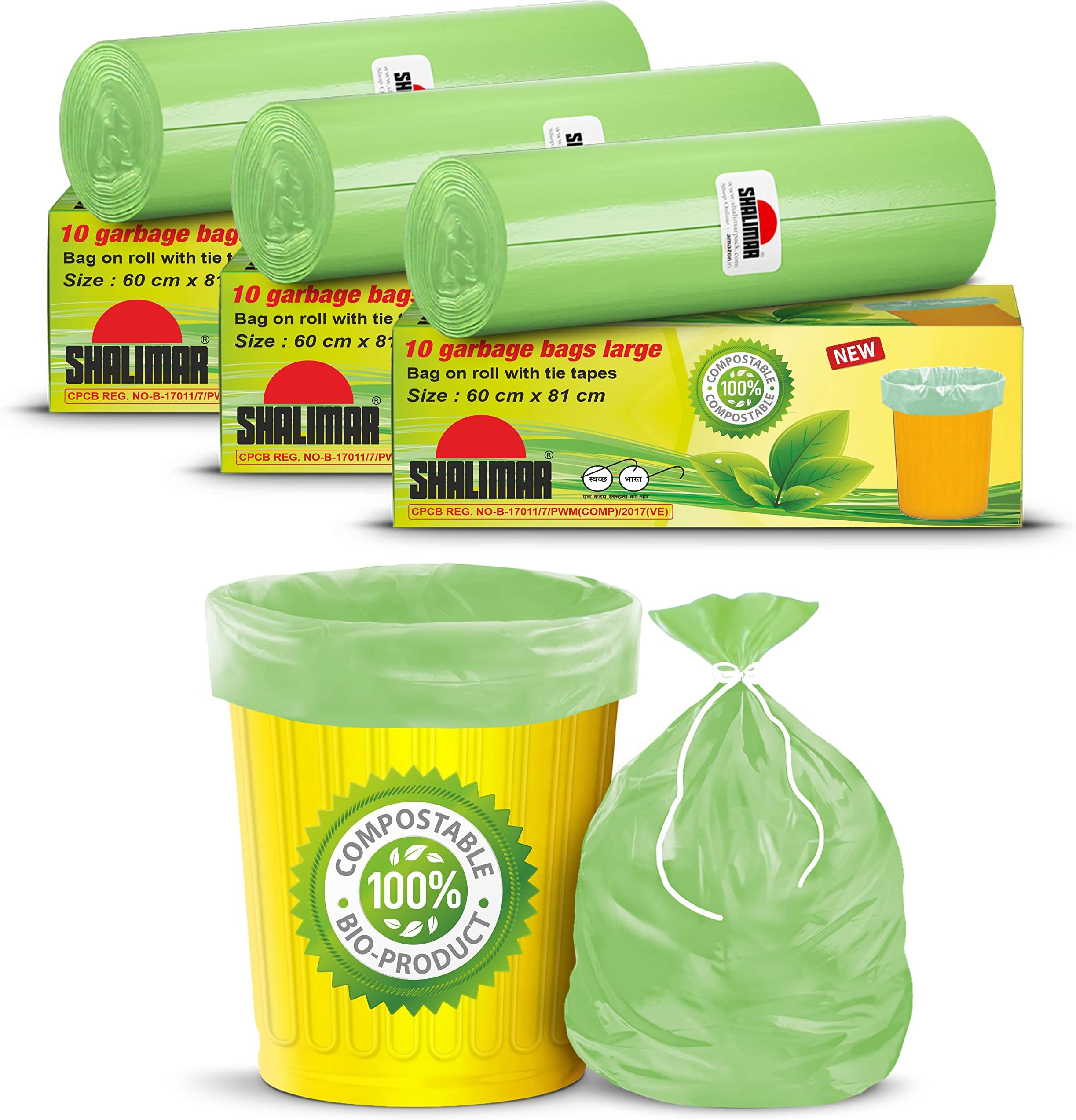 Shalimar Compostable Garbage Bags | Large 24 X 32 Inches | 30 Bags (10 Bags X 3 Rolls) | Dustbin Bag/Trash Bag | (Green)