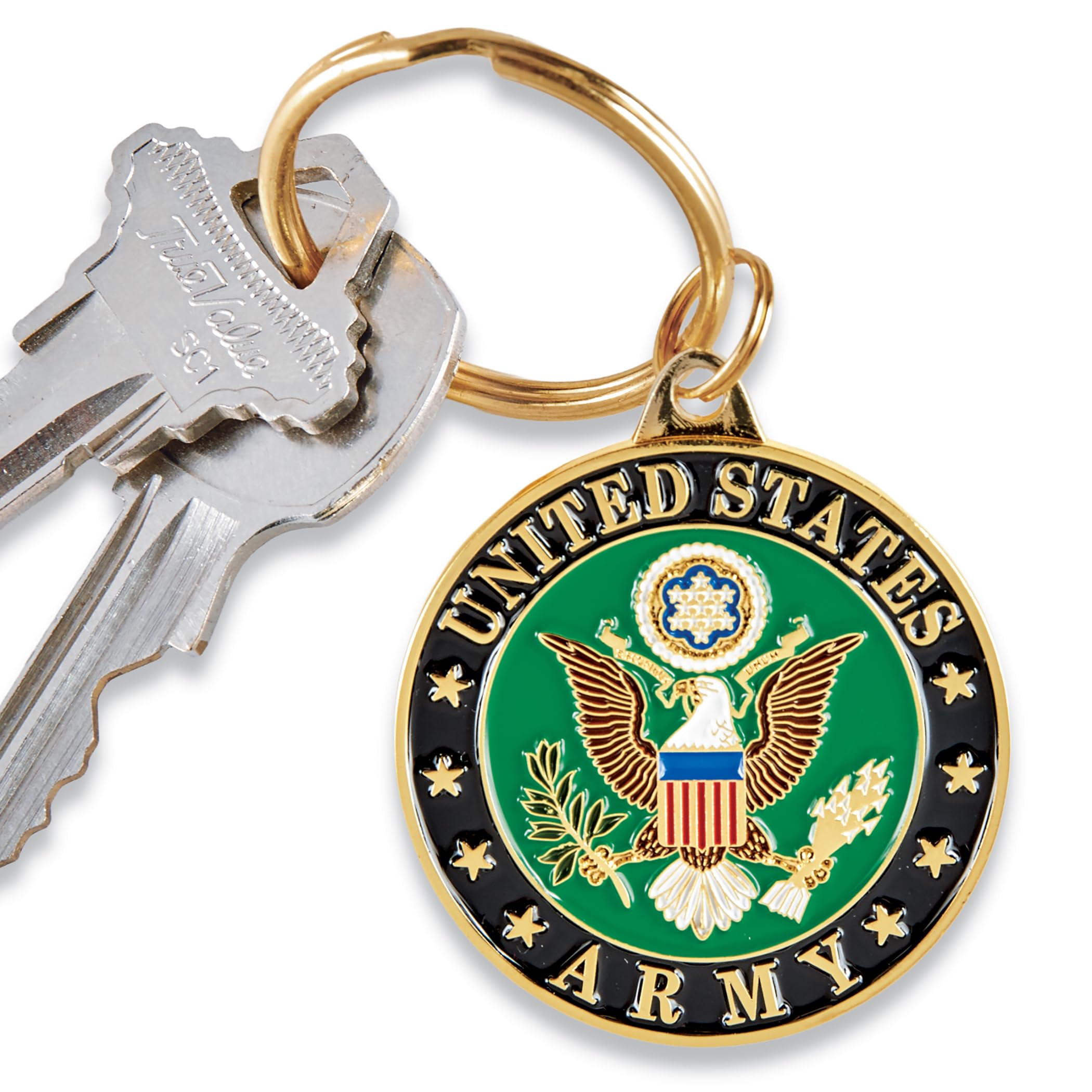 US Army Crest Keychain Patriotic Key Rings Military Gifts Collectibles Men Women, Green, 1 1/2"