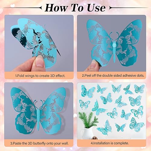 Miniatura 3 de 60 calcomanías de pared de mariposas huecas con patrón vintage 3D, mariposas verde azuladas, calcomanías de pared removibles 5 estilos, 3 tamaños,
