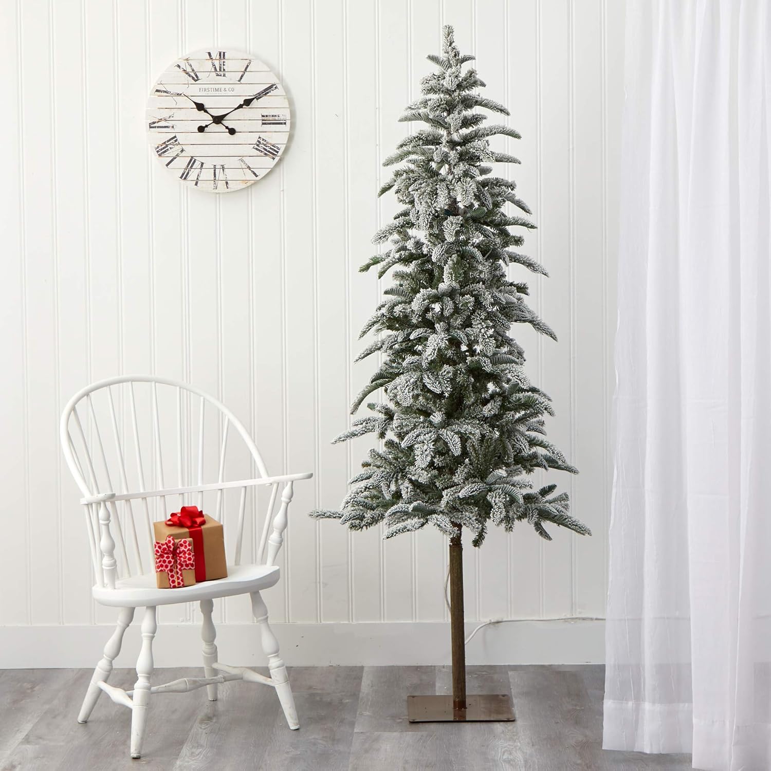 Nearly Natural 6.5ft. Flocked Washington Alpine Christmas Artificial Tree with 250 White Warm LED Lights and 637 Bendable Branches