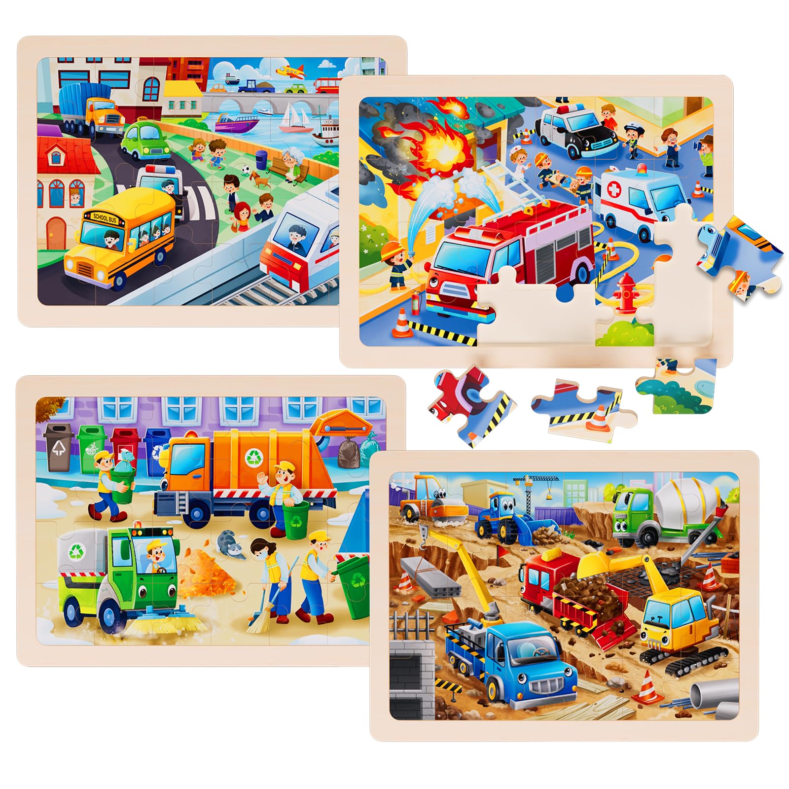 Puzzle Madera Infantil para 3 4 5 6 Años, 4 Puzzles 24 Piezas de Vehículos de Construcción Puzzles, Juguetes Educativos Preescolares, Juguetes Montessori Rompecabeza, Regalos para Niños y Niñas
