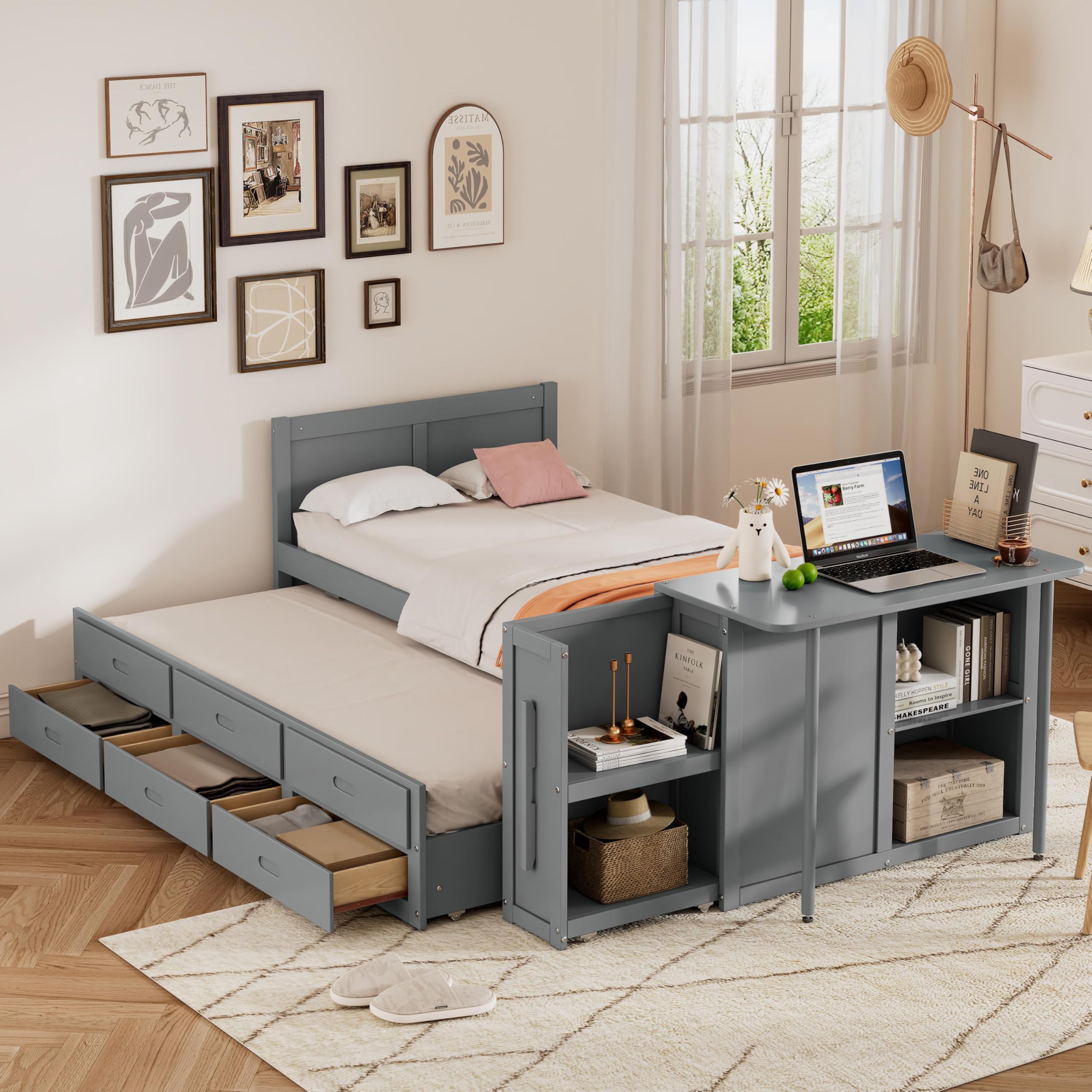 Assembled RuiSiSi Twin Size Platform Bed in grey, showing the main bed, trundle, three storage drawers, and the integrated desk and shelf unit.