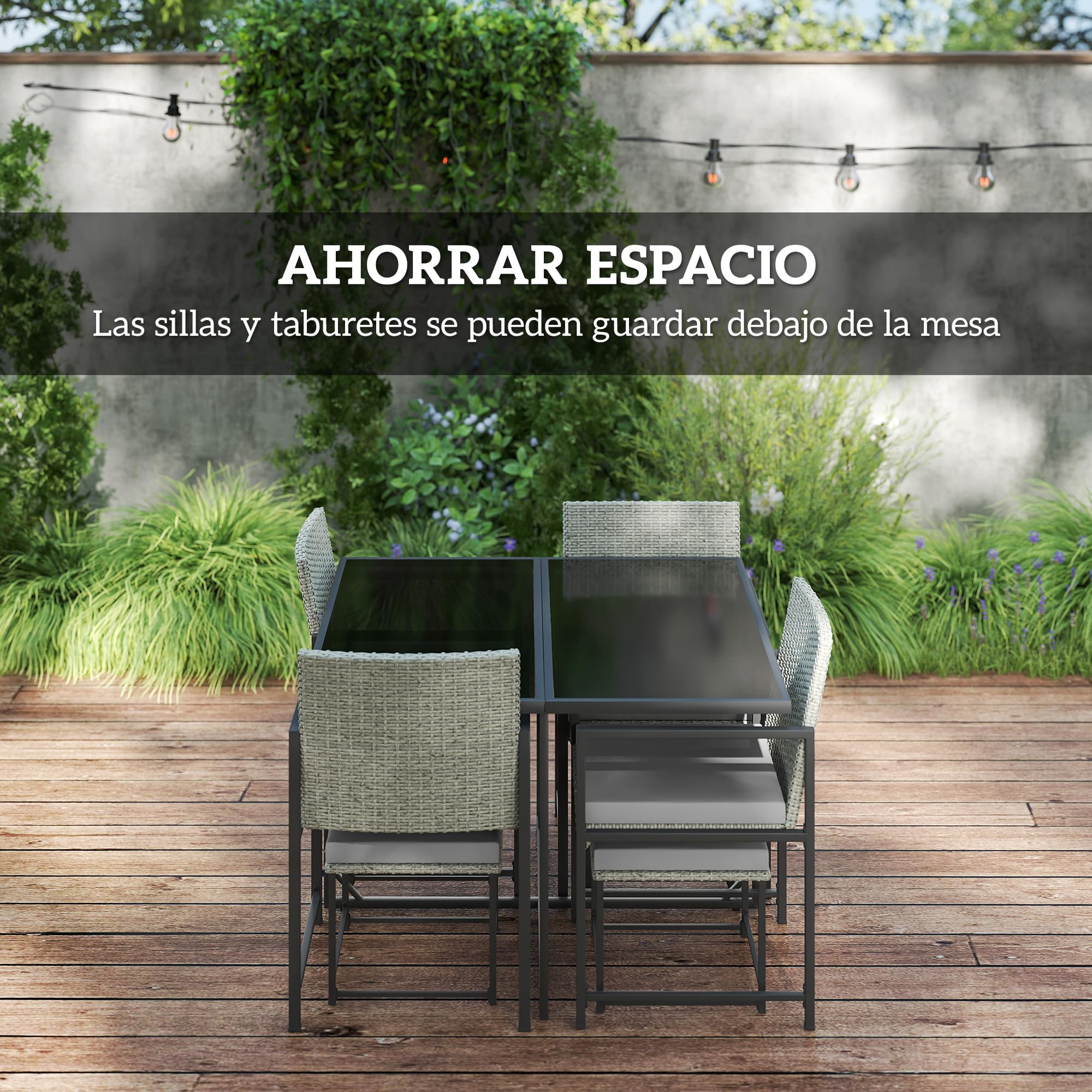 Outsunny Conjunto de Muebles de Jardín Exterior de Ratán de 9 Piezas Conjunto de Jardin Exterior de Ratán Sintético con Mesa con Vidrio Templado 4 Sillas 4 Taburetes Impermeables Cojines Gris