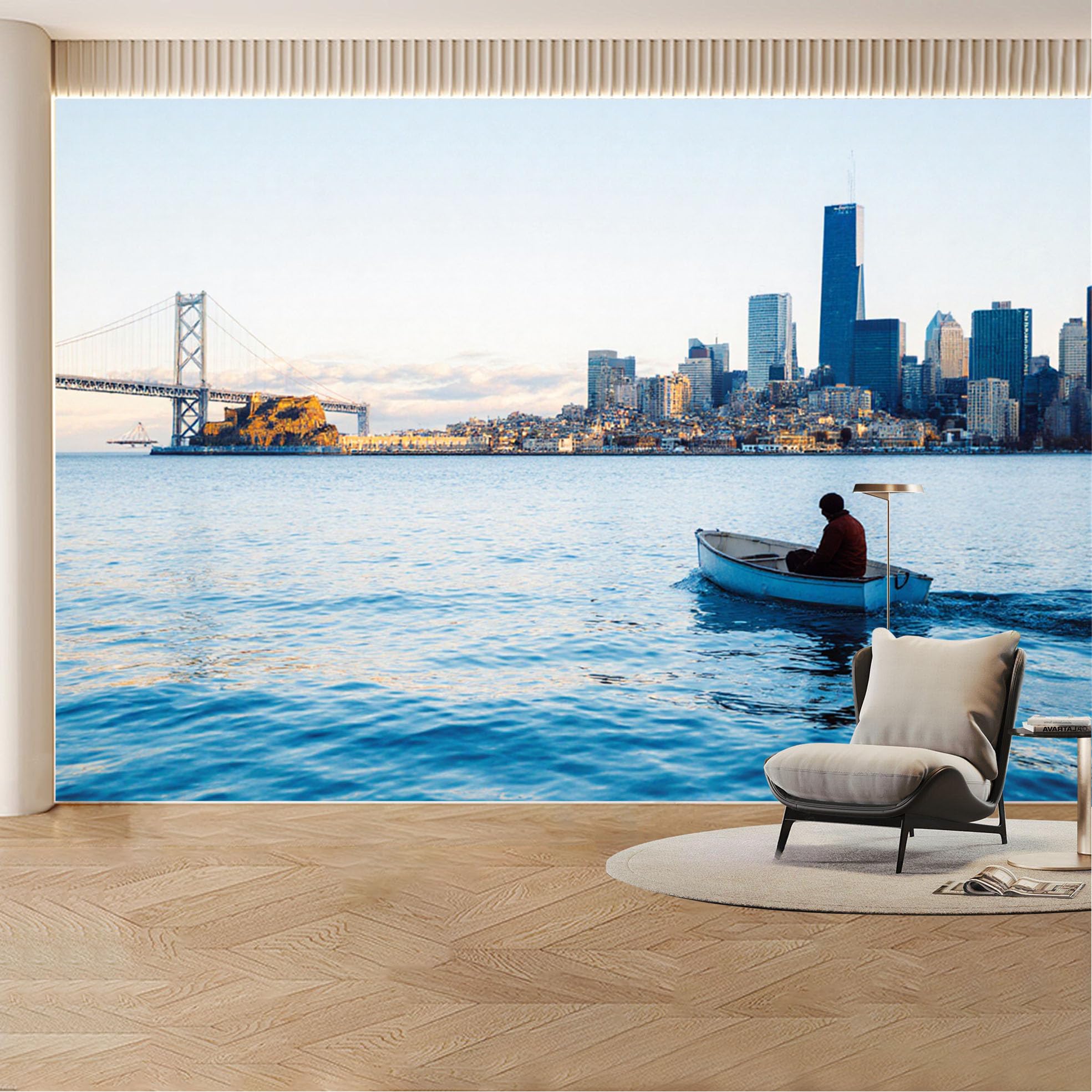 Custom Wall Mural Wallpaper City Skyline and Ocean View Landscape Modern Wall Decor Large Wall Art Urban Sunset Removable SelfAdhesive Large Photo for Living Room， Bedroom， Office