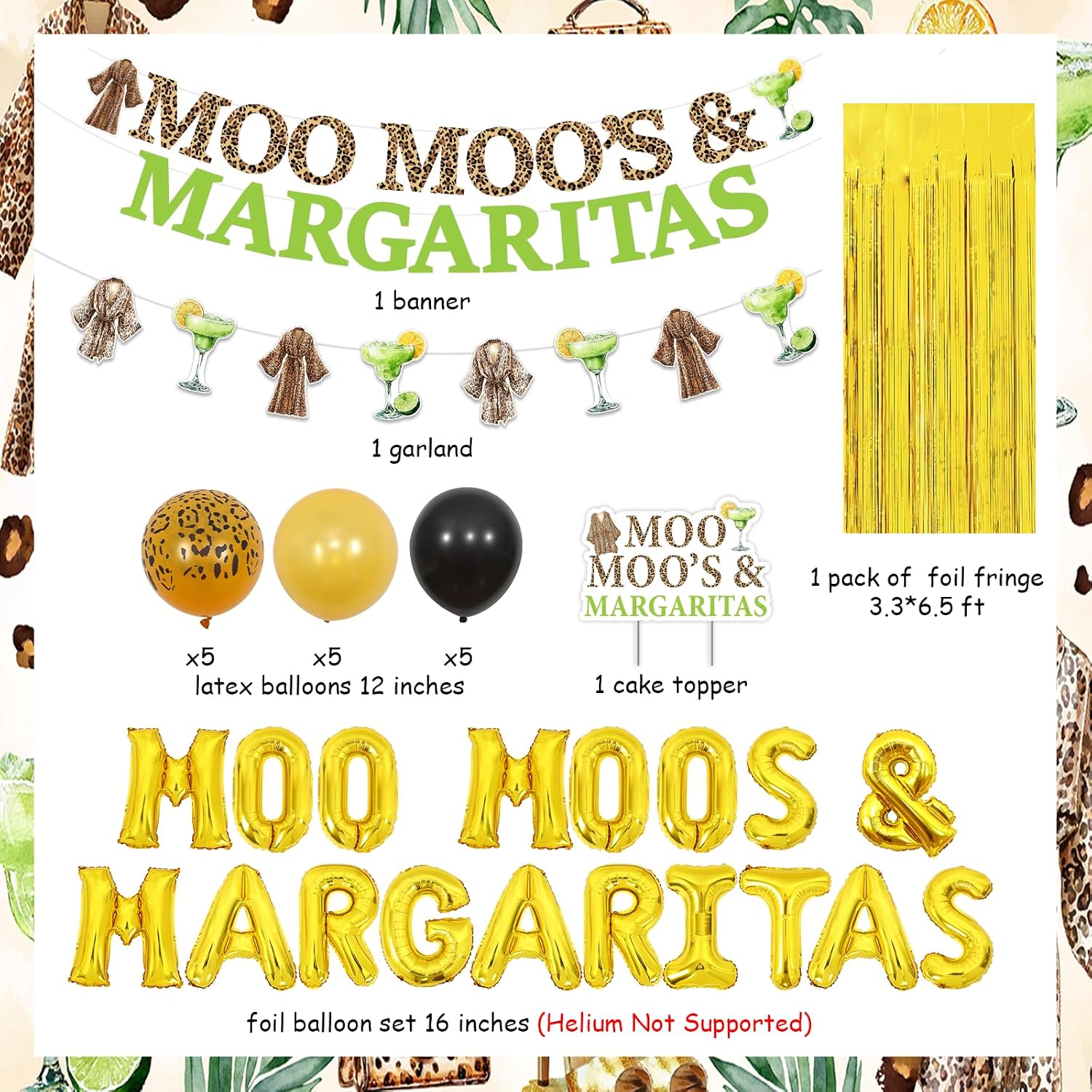 Moo Moos and Margaritas Birthday Decorations - Balloon Banner, Margarita Garland, Cake Topper, Foil Fringe, Leopard Print Balloons, Margs Theme Party Supplies for Women Female