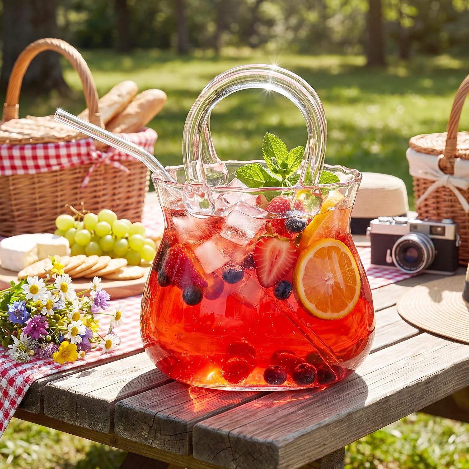 Condition photo showing As Is for large glass purse for drinks set wine cup purse bag shape with glass straw for juice tea cocktails fish tank vase a ladies' party gift creative drinking mug(50 oz,lucky bag) 50 ounces lucky bag