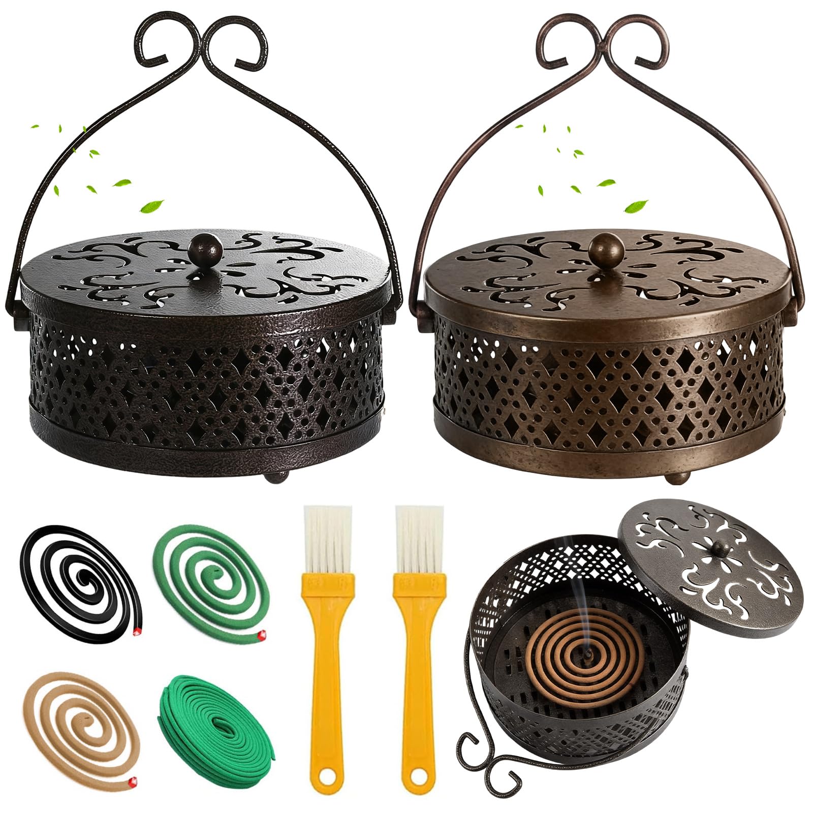 Mosquito Coil Holder 2-Pack with Cleaning Brushes, Retro Metal Incense Burner with Lid, Portable Outdoor Coil Case for Patio Camping Garden Fire-Resistant Enclosed Ash Catcher Black & Bronze (Diamond)