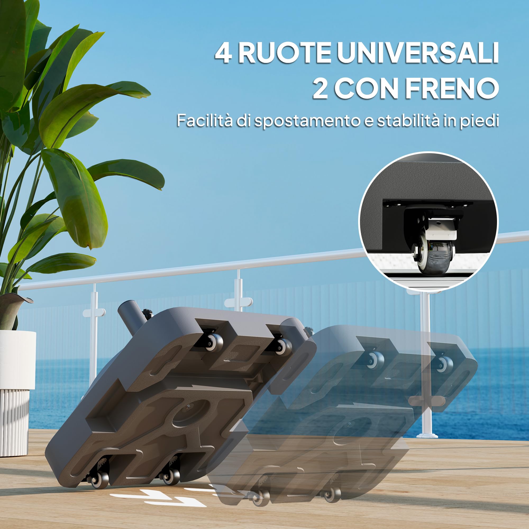 Outsunny Base per Ombrellone a Rotelle con 2 Freni, Basamento per Ombrellone in HDPE con Acqua 19kg e Sabbia a 25 kg, per Pali di Ombrelloni da Ø38/48 mm, 48x48x32.5 cm, Nero
