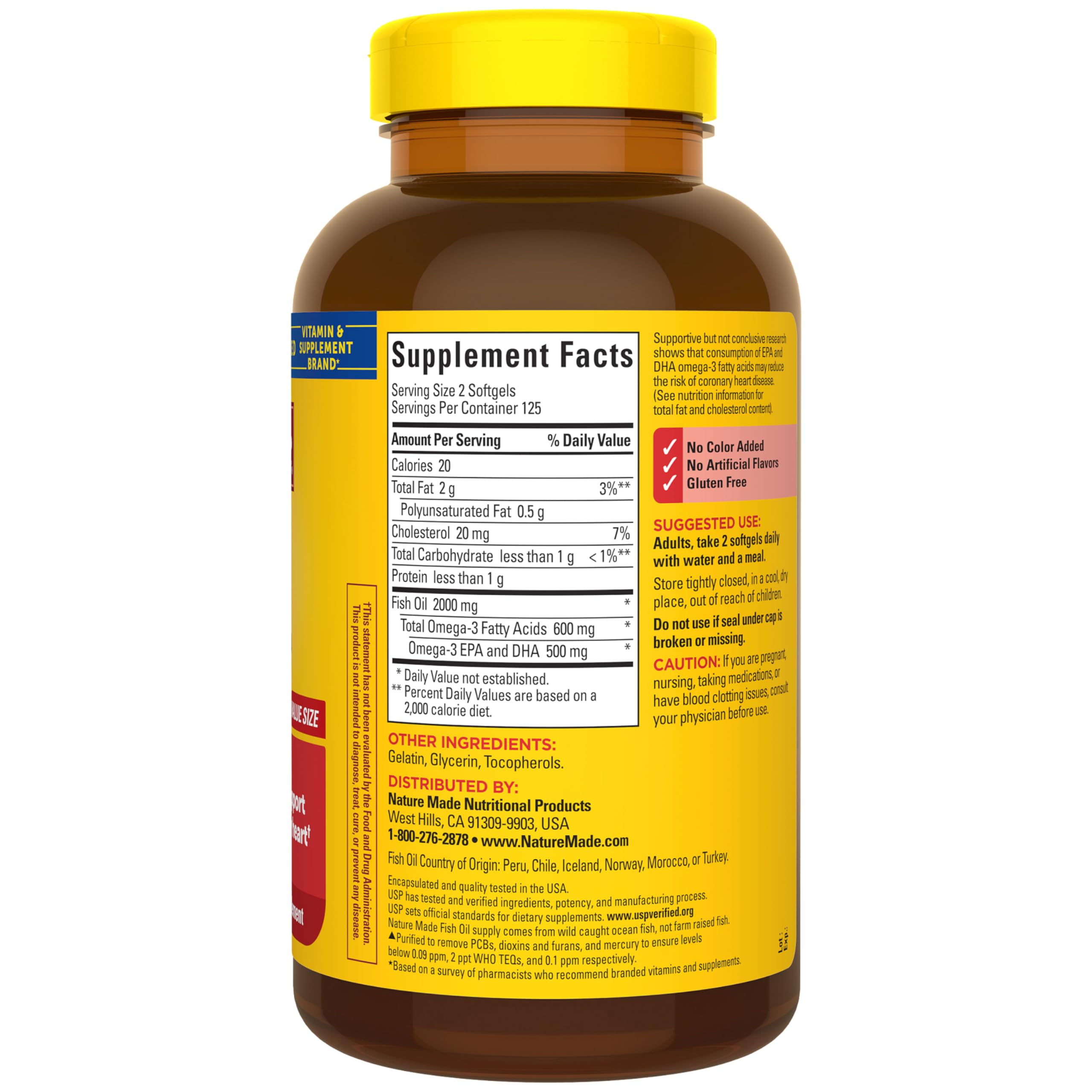 Nature Made Fish Oil Omega 3 Supplements, 1000mg Softgels, Omega 3 Fish Oil for Healthy Heart Support, 250 Softgels, 125 Day Supply