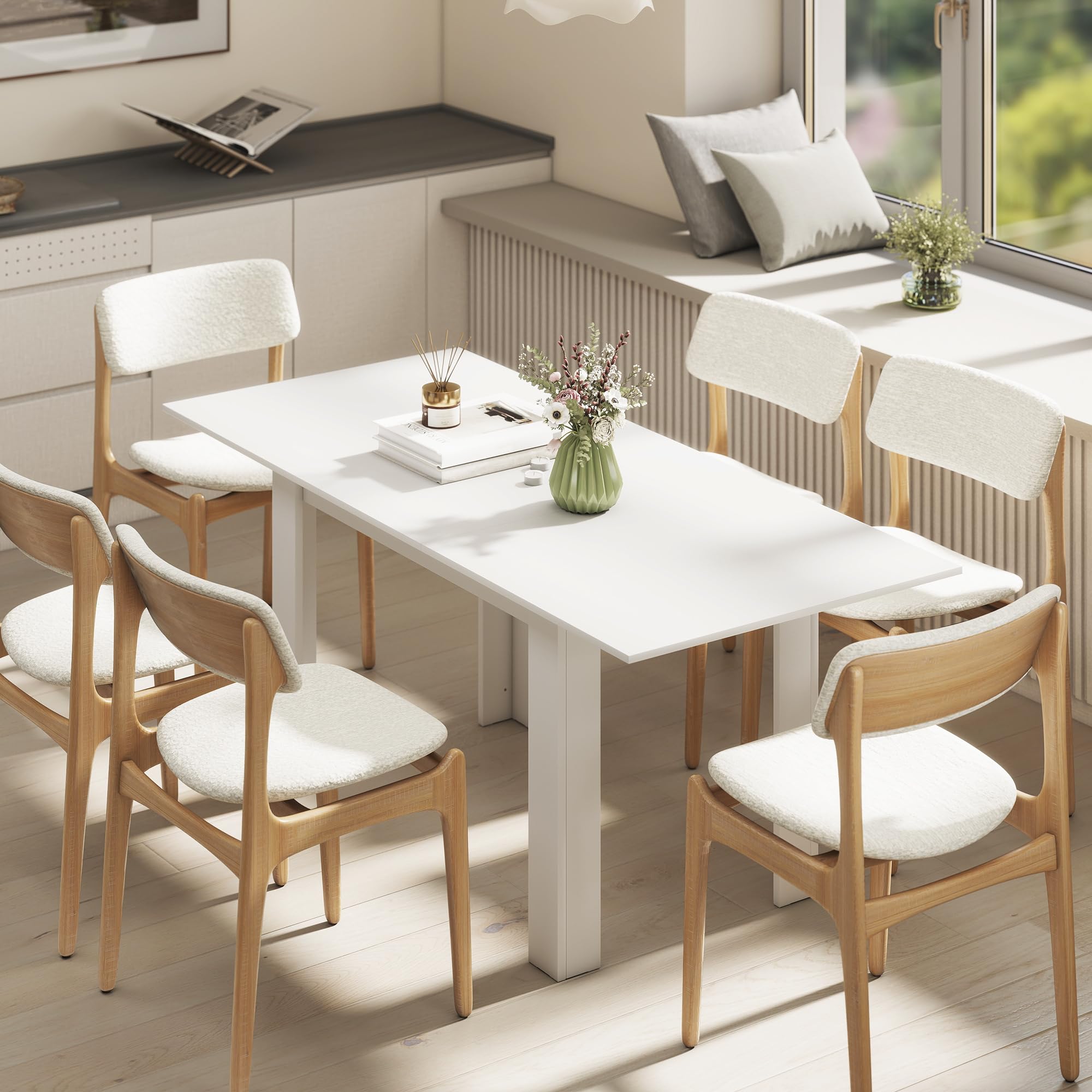 HOMCOM Tavolo da Pranzo Allungabile per 6-8 Persone con Pannelli a Ribalta, Tavolo da Cucina Allungabile in MDF, per Sala da Pranzo, Soggiorno, 140-180x80x75 cm, Bianco