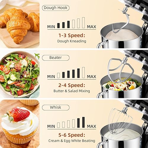 Miniatura 2 de Mezclador de masa eléctrico de 8.45 cuartos de galón, 660 W, 6 velocidades, gran capacidad, mezclador de soporte de cocina con gancho para batir