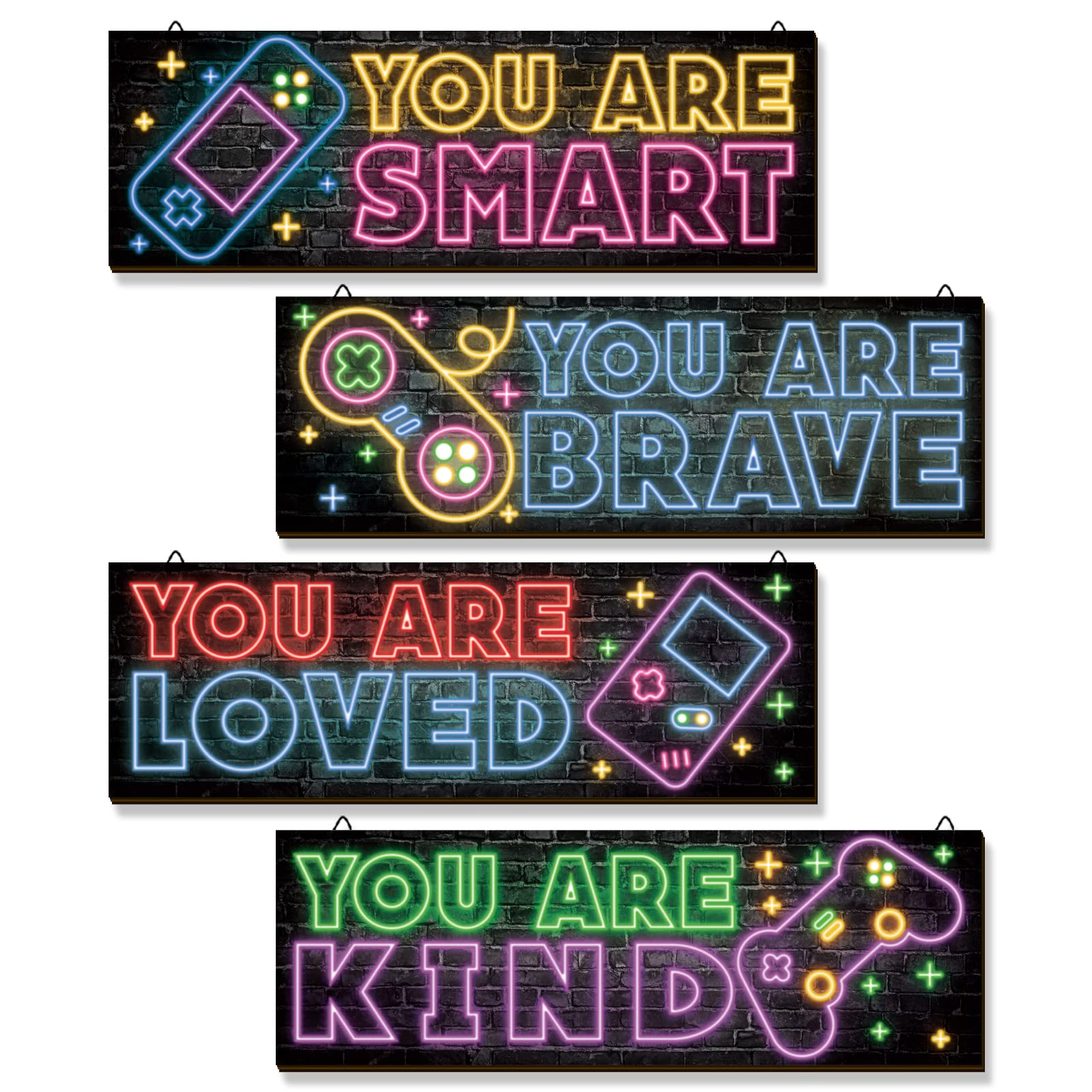 4 Pieces Neon Gaming Decor for Boys Room Wooden Video Game Wall Art Print 11.8 x 3 Inch Motivational Quote Gamer Hanging Plaques Wall Decor for Boys