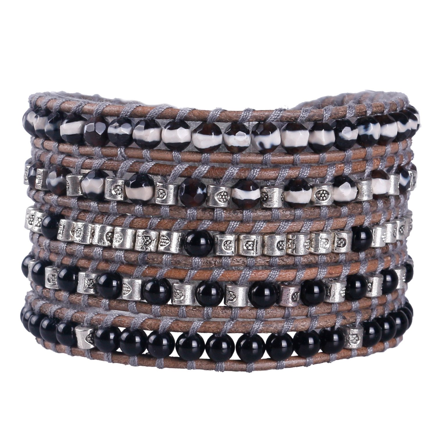 KELITCH Charme Armbänder Personalisiert Zum Frau Männer Glas Perlen Überzogen Strang 5 Wickeln Leder Armband