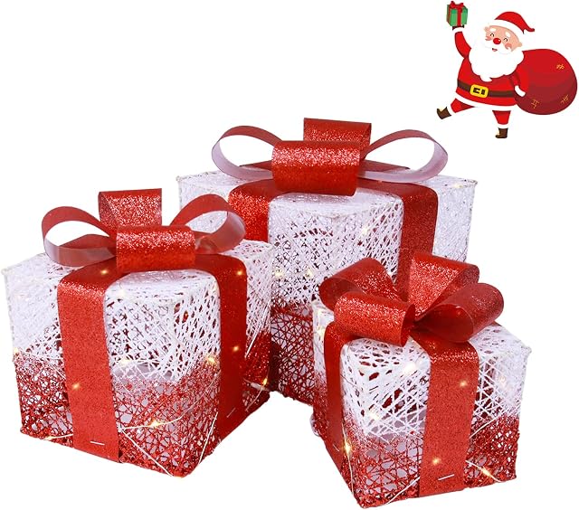 CERIAL Christmas Lighted Gift Boxes Outdoor Decorations, Set of 3 Prelit Artificial Boxes with Bow Hollow Out Tinsel Gift Boxes for Indoor Xmas Tree Decors(Red)