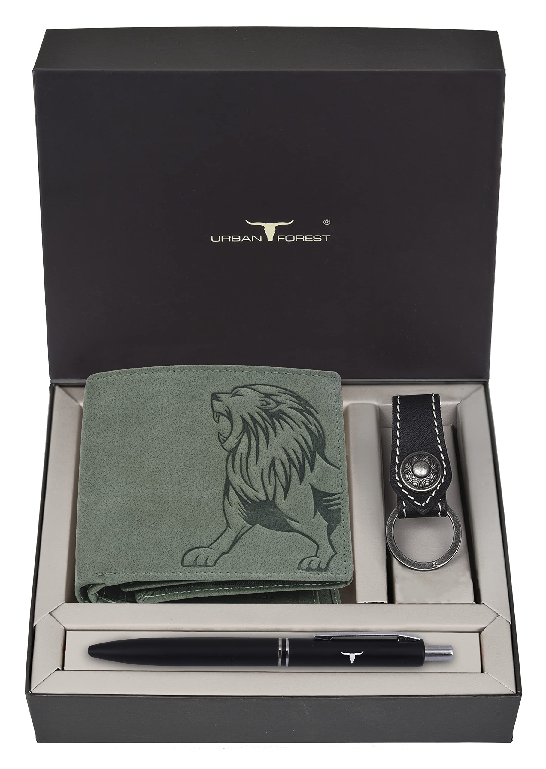 URBAN FOREST Green Leather Wallet + Black Pen + Keychain Combo Gift Set for Men - Image 2 thumbnail