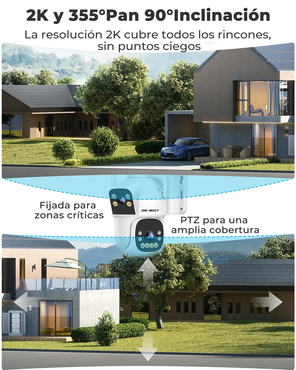 GENBOLT 2.5K AOV WiFi Solar Cámara Vigilancia Exterior Inalámbrica, Grabación 24/7 3MP+3MP Cámara IP Seguridad Exterior con Detección de IA Batería 15600mAh 8W, CCTV Cámaras Seguridad WiFi 2.4&5GHz