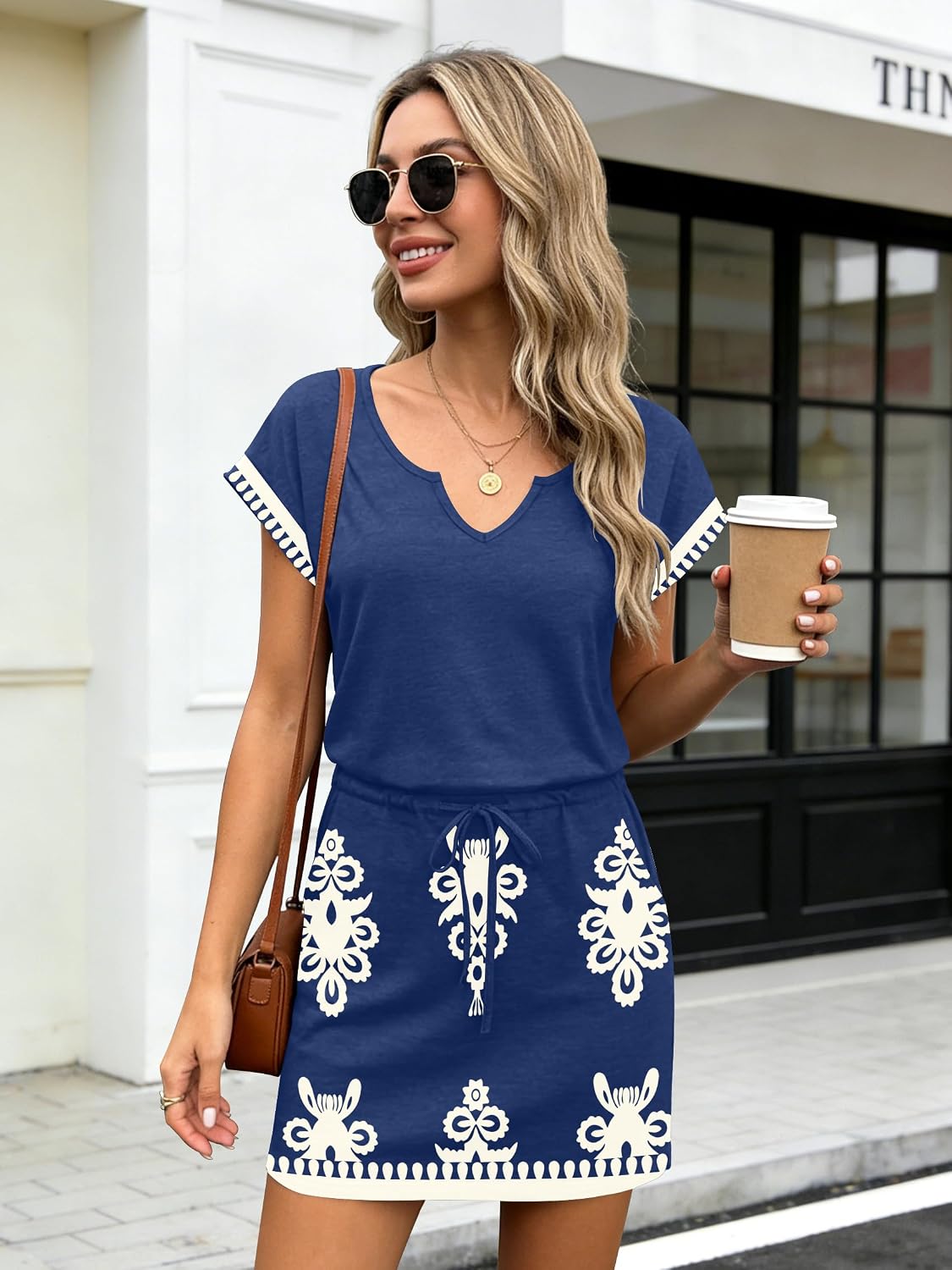 SAUKOLE Women Summer T Shirt Dress Casual Short Sleeve V Neck Dress with Pockets Drawstring Waist Short Dresses image 2