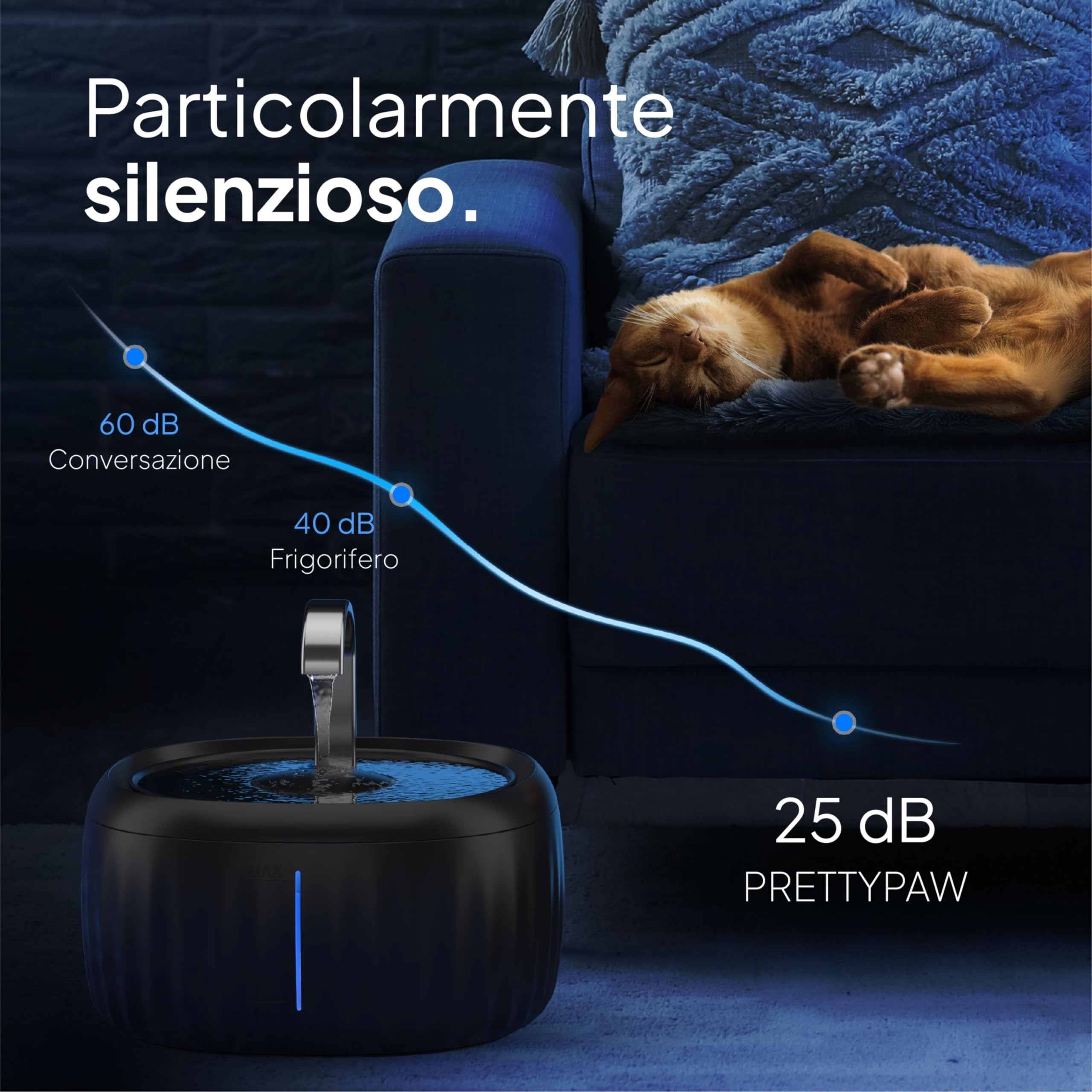 Pretty Paw Fontanella Gatti da Interno 3L con Indicatore LED Livello - Dispenser Acqua Gatti Silenzioso con Filtro Carbone Attivo e Resina, Beccuccio in Metallo, BPA Free - Aqua flow Pro (Nero)