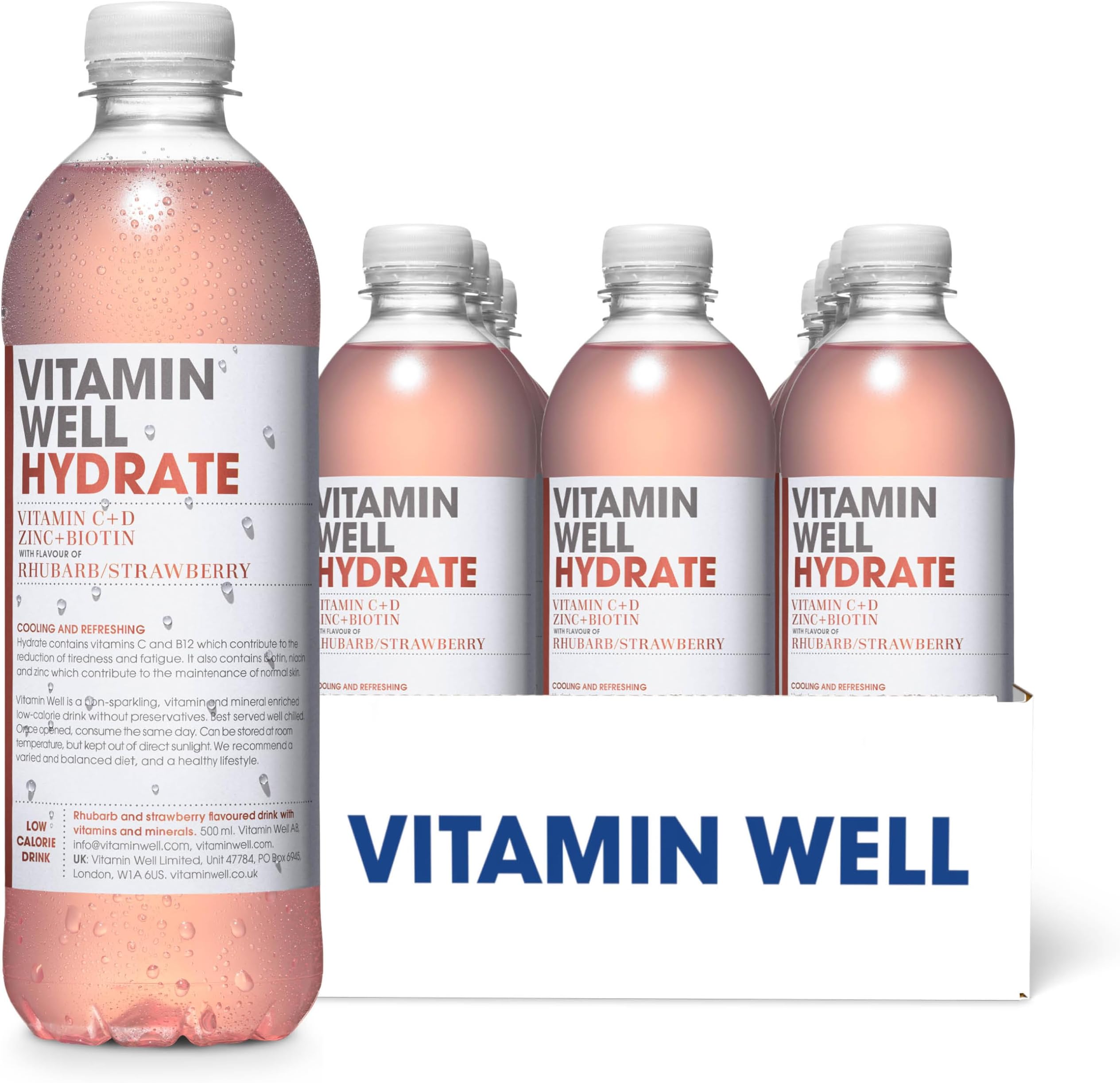 Vitamin Well Rhubarb & Strawberry Flavouredwater– Packed with Vitamin C, D, Zinc, Biotin, Low Calorie – 12 x 500ml (HYDRATE)