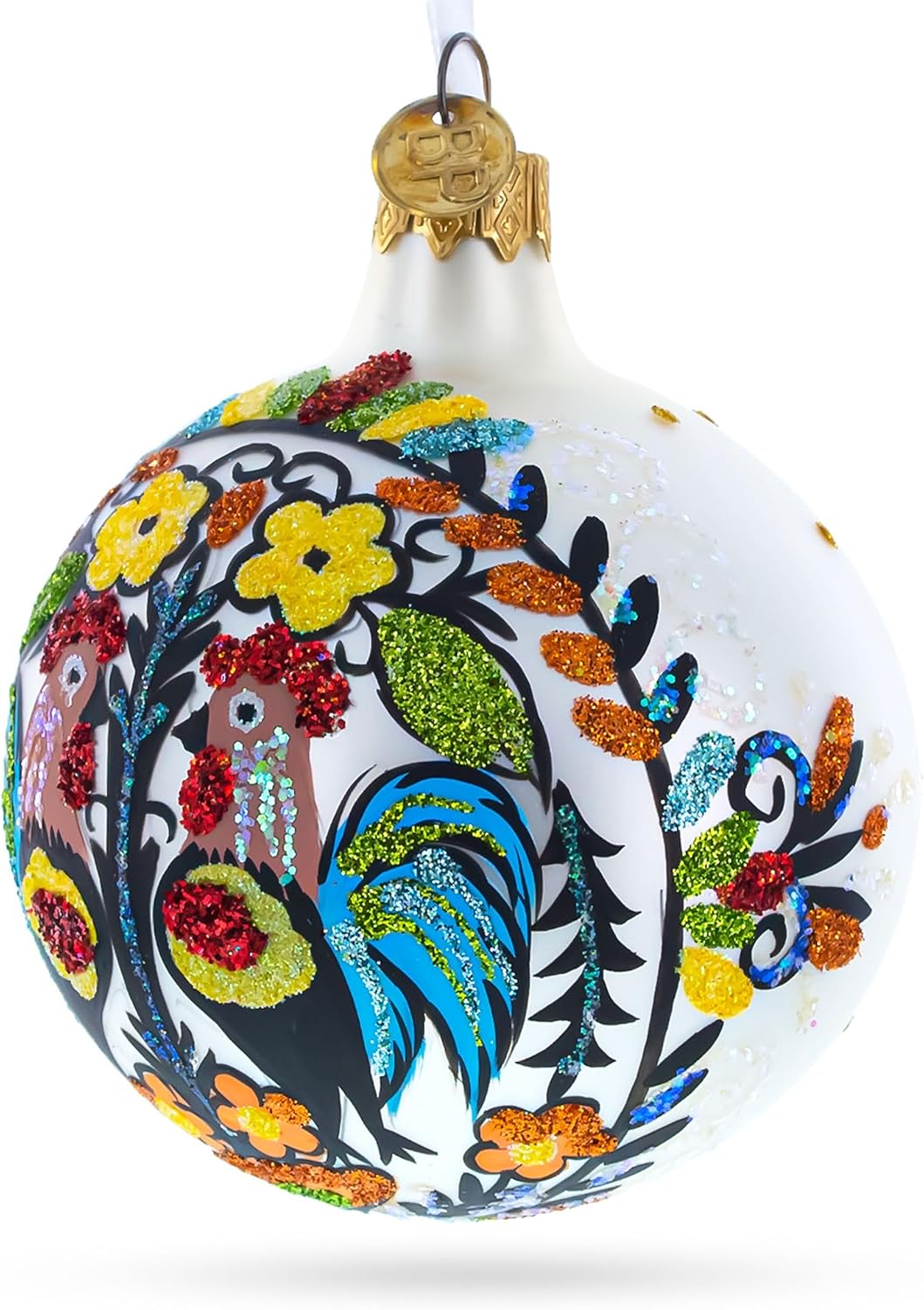 Ukrainian Petrykivka Painting Glass Ball Christmas Ornament 4 Inches