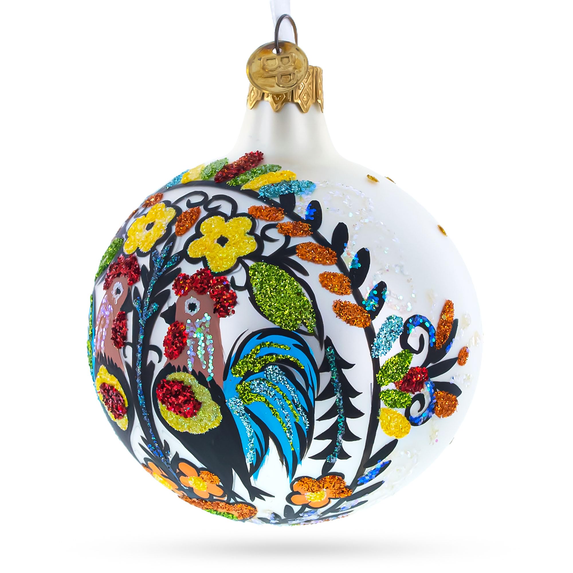 Ukrainian Petrykivka Painting Glass Ball Christmas Ornament 4 Inches