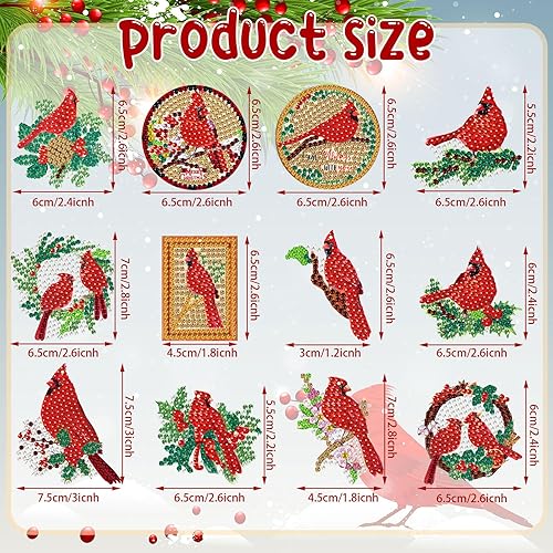 Miniatura 5 de Outus 24 llaveros de pintura de diamante de pájaros rojos de Navidad, arte de diamantes de pájaro rojo, arte de diamantes 5D, llaveros decorativos