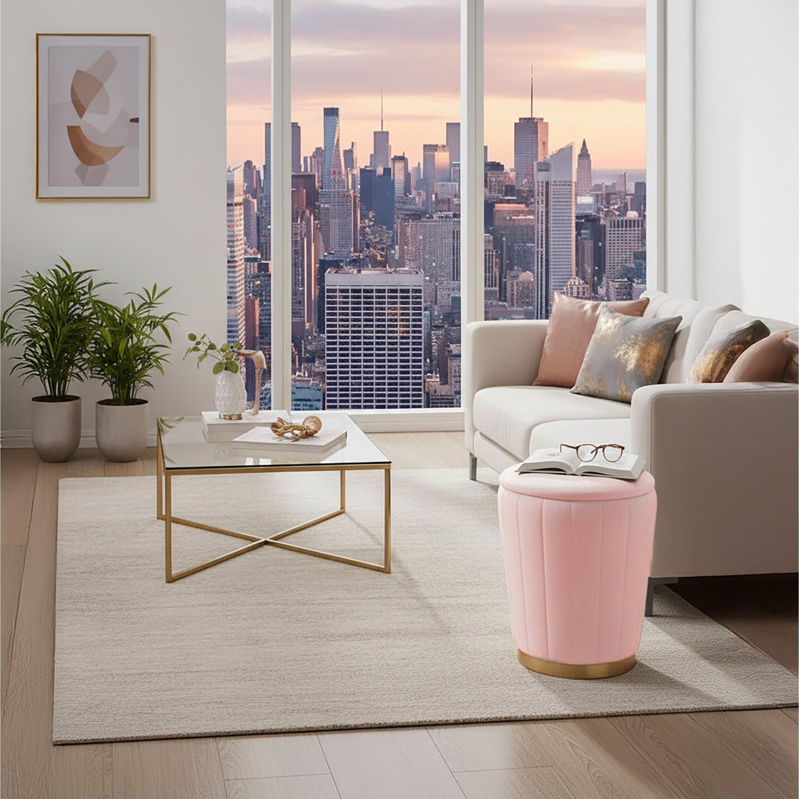 Sgabello Relaxdays in Velluto, con Contenitore, Imbottito, HxP: 42 x 32 cm, Rotondo, Soggiorno, Rosa Antico