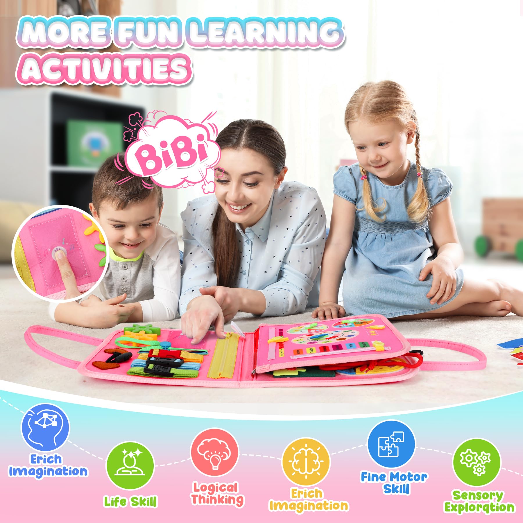 Busy Board Montessori Para Niños - Tablero De Actividades Con Letras, Números Y Cremalleras, Color Rosa