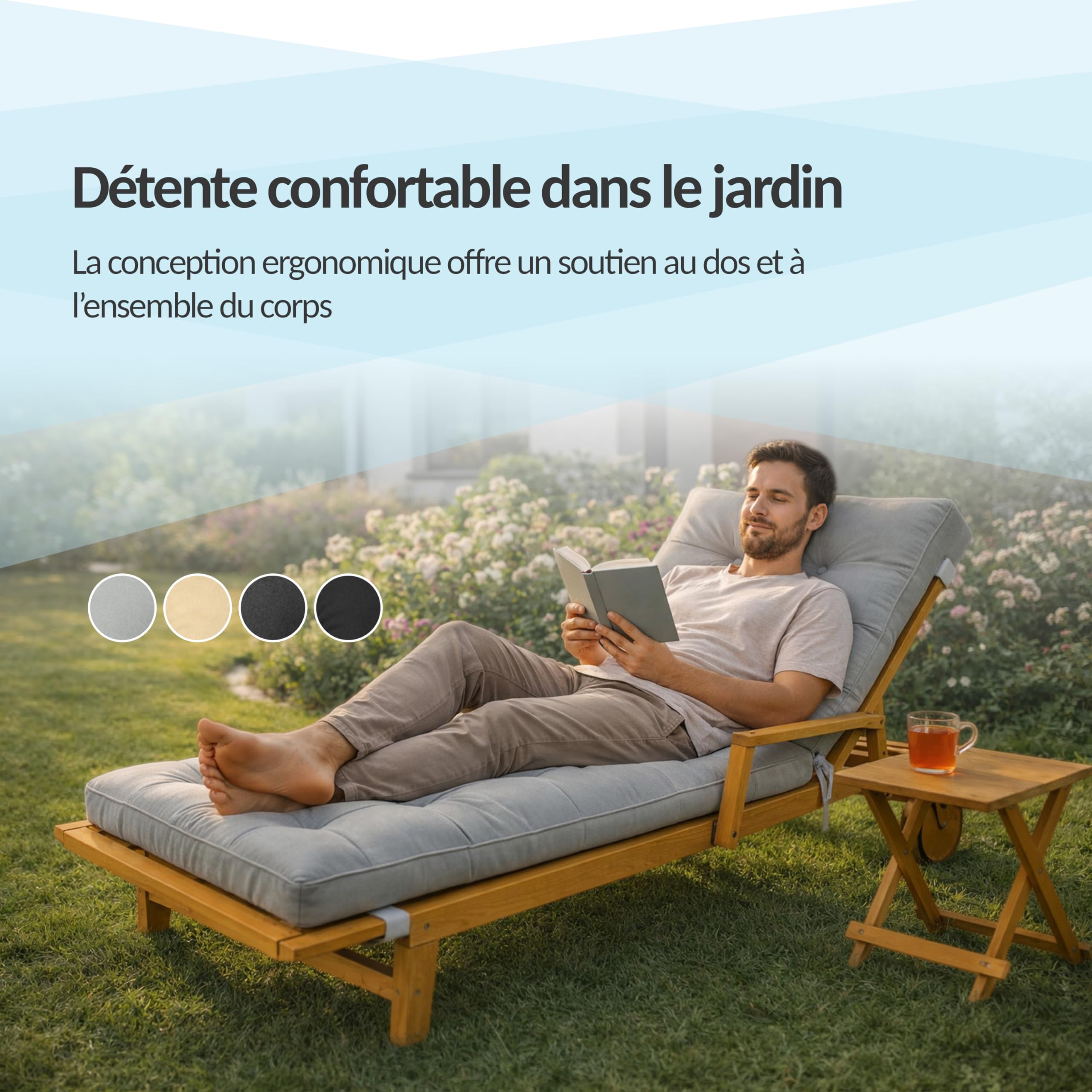 POKAR Coussin Bain de Soleil 200x60x13 cm | Imperméable et Déperlant | Matelas Transat Finition Matelassée | Coussin pour Chaise Longue de Jardin | Épaisseur 13 cm | Oeko-TEX | Made in EU | Gris